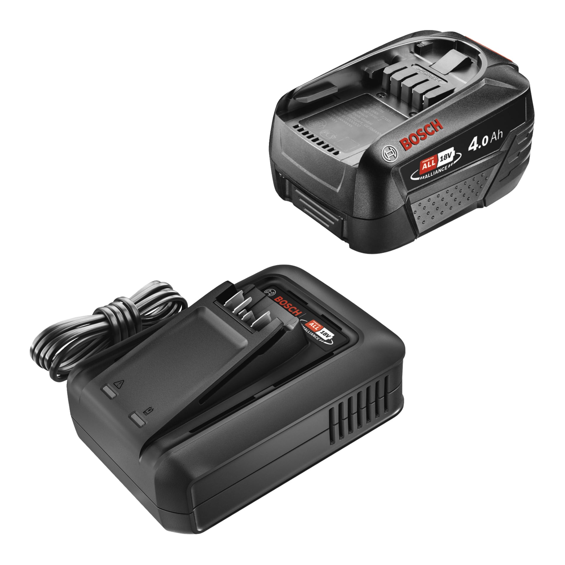 Bosch Power 4 All Starter Set med ett 18V 4,0Ah-batteri och matchande svart laddare med en spiralad strömkabel.