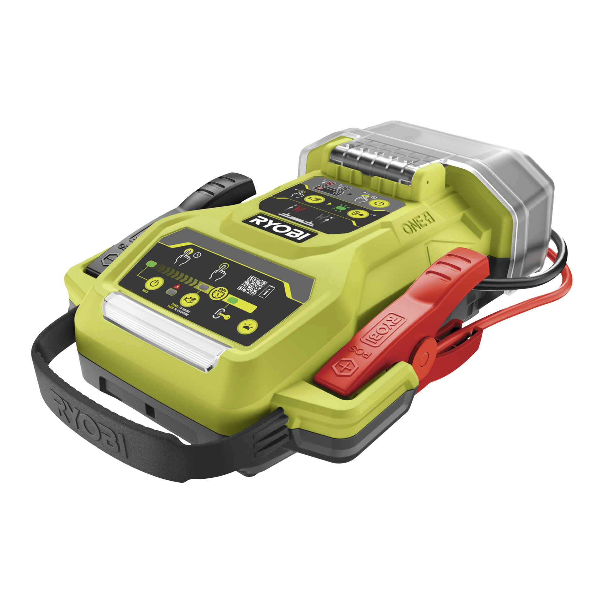 Ryobi One+ Jump Starter RJSC18-0 med grönt hölje, svarta och röda klämmor, handtag och kontrollpanel med instruktioner och knappar.