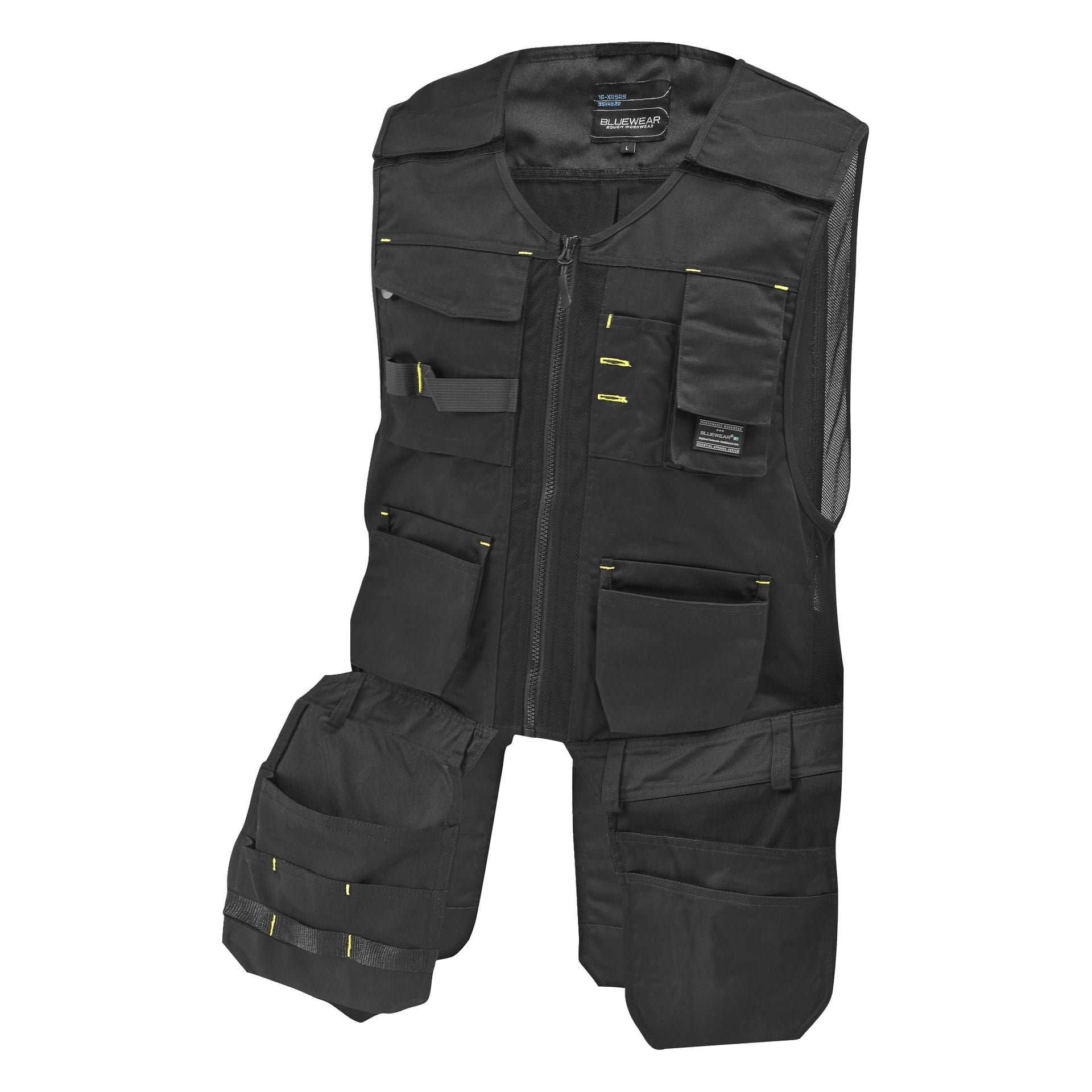 Bluewear Herren schwarze Utility-Weste mit gelbem Besatz, vorderen Reißverschleißverschlüssen und verschiedenen Taschen, die neben passenden Arbeitsshorts zu sehen sind.