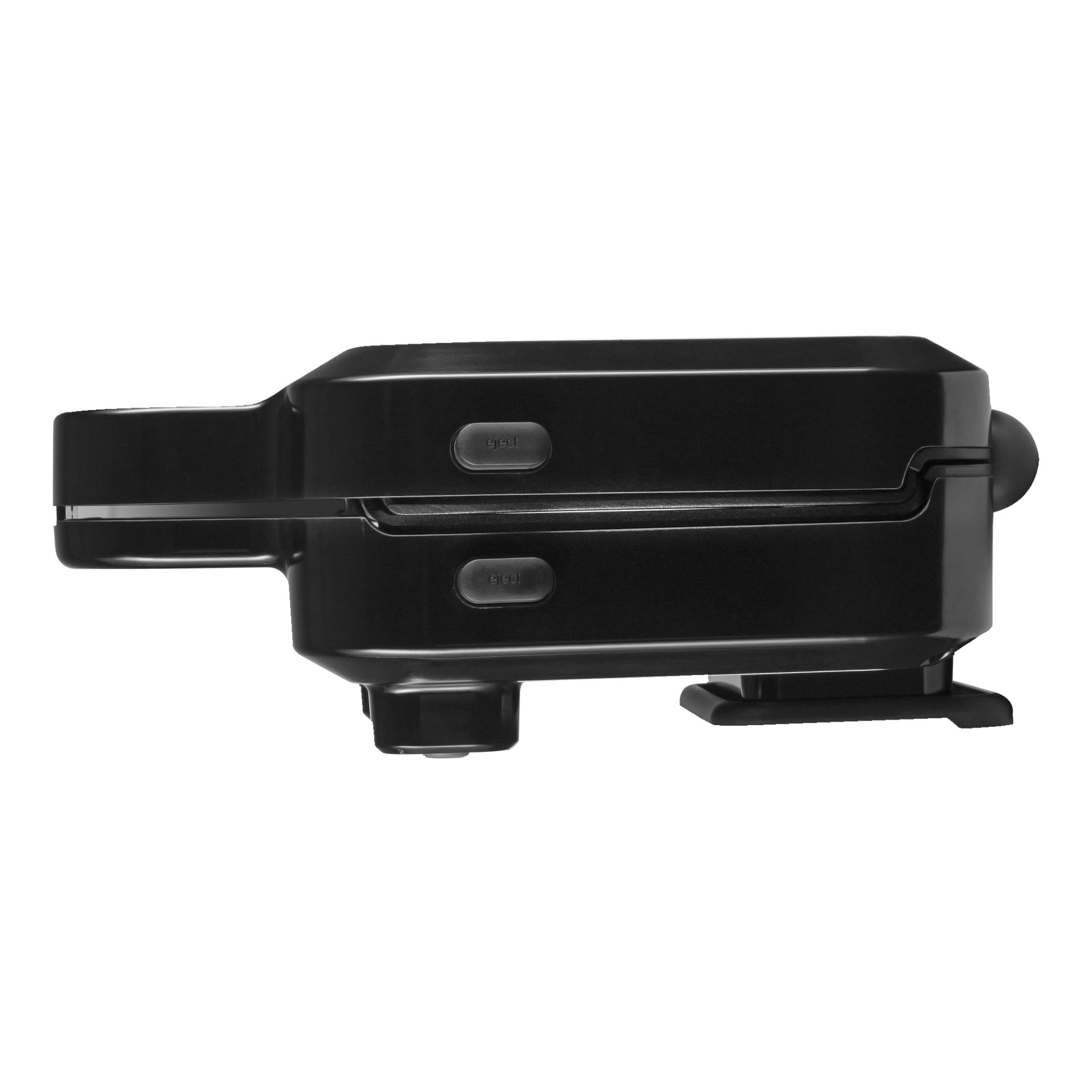 Suljettu musta Russell Hobbs 3-in-1 Sandwich -grilli sivusta katsottuna, jossa on kaksi nimettyä nappia ja vasemmanpuoleinen kahva.