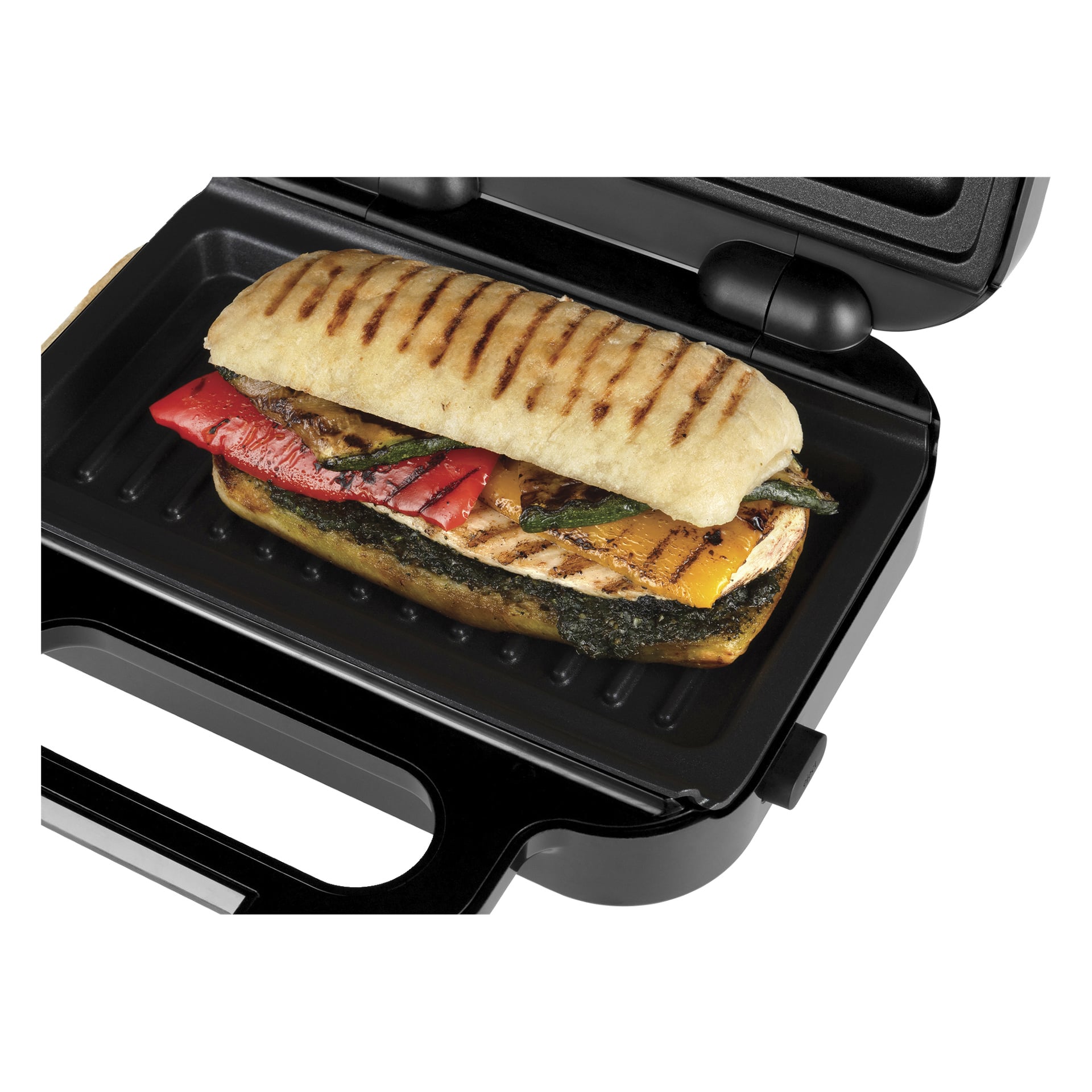 Kansi on auki, kun kasvis- ja juustopanini kuumenee Russell Hobbs Sandwich Grill 3-in-1 -luomuksissa.