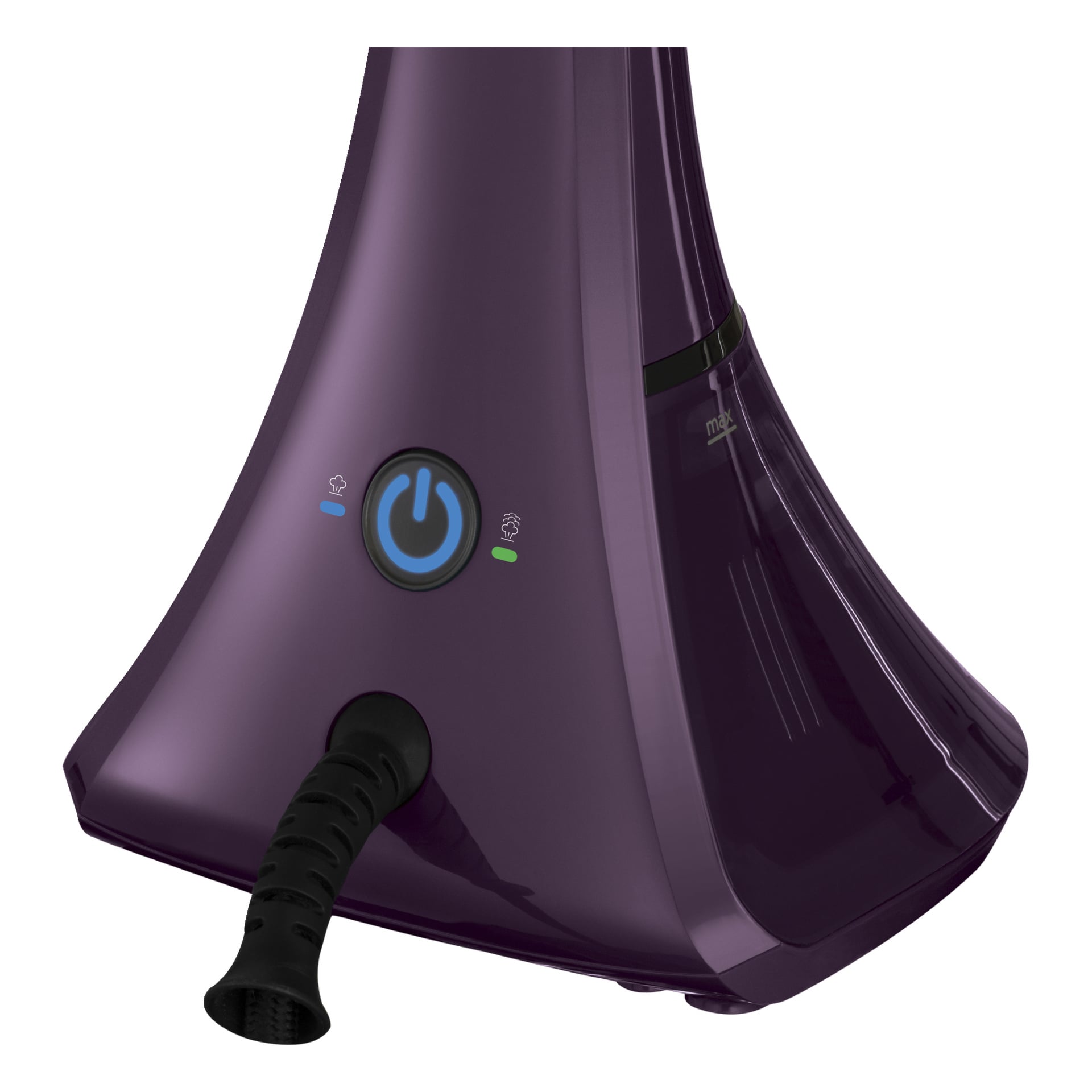 Detaljert visning av Russell Hobbs Steamer Genie Color Control-basen, med rund av/på-knapp, lysindikatorer, vannfyllingsmerke og en svart ledning foran.