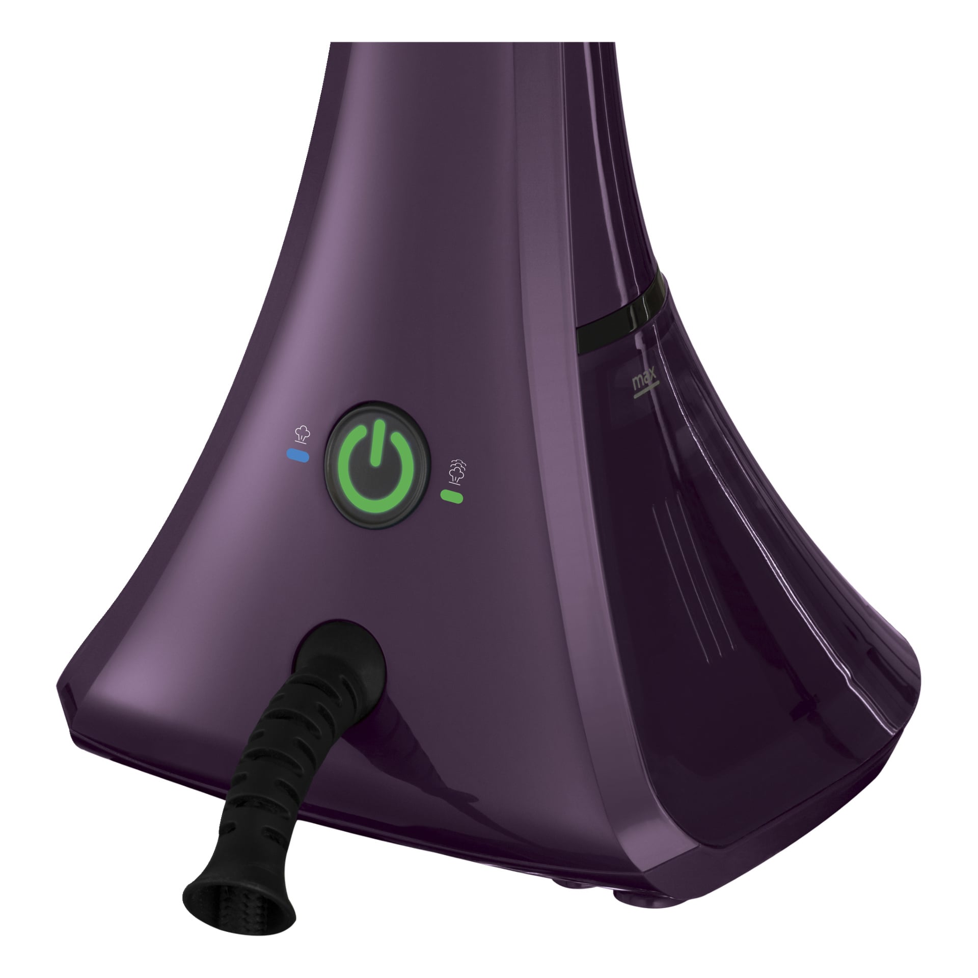 Nærbilde av Russell Hobbs Steamer Genie Color Control-basen med grønn av/på-knapp, to indikatorlys, svart slange og skinnende lilla finish.