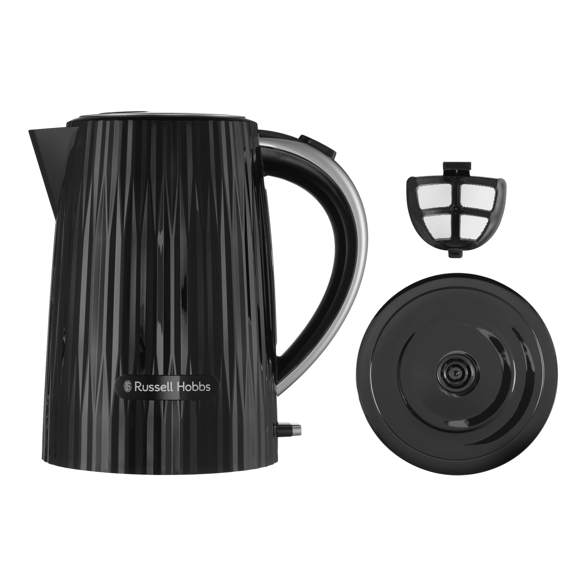 Russell Hobbs Kettle Eden z teksturowanym wykończeniem, pokazany z odłączanym filtrem i podstawą; logo pojawia się z przodu.