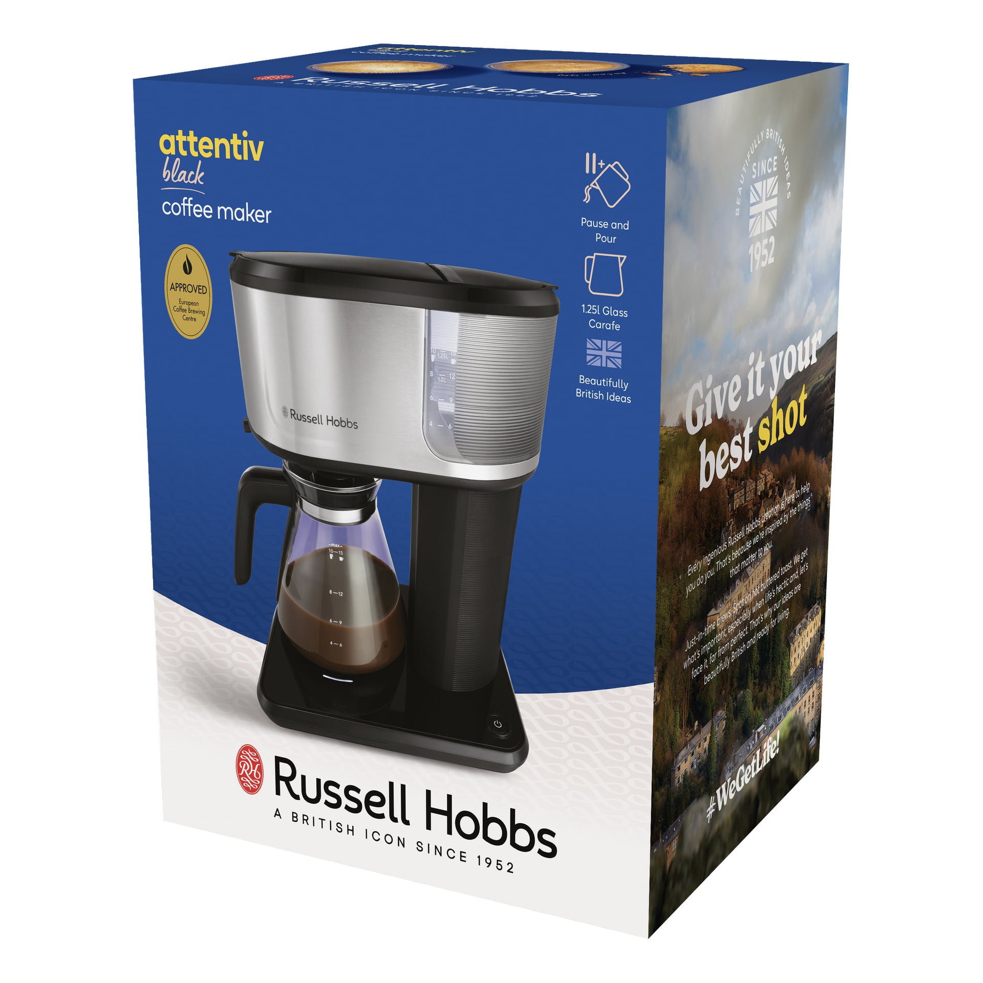 Russell Hobbs Attentiv svart kaffebryggare i låda, med glaskaraff, droppstil och förpackning som lyfter fram funktioner och slogans.
