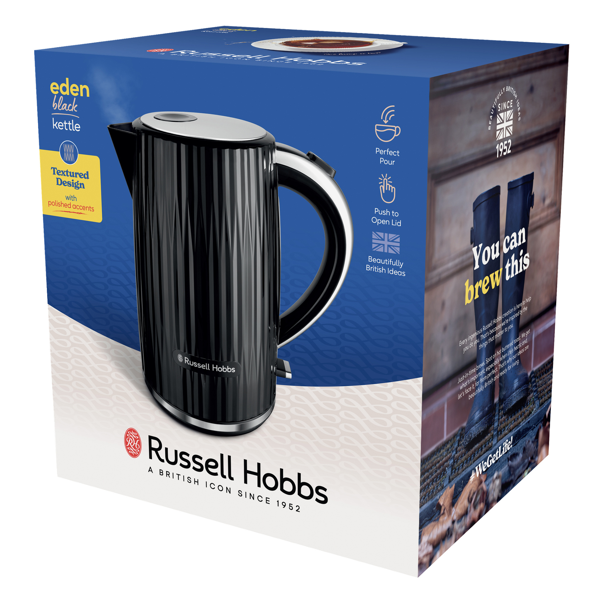 Niebieskie pudełko Russell Hobbs Eden Kettle z teksturowanym wzorem, wizerunkiem produktu, funkcjami, marką, "Możesz to zaparzić" i butami.