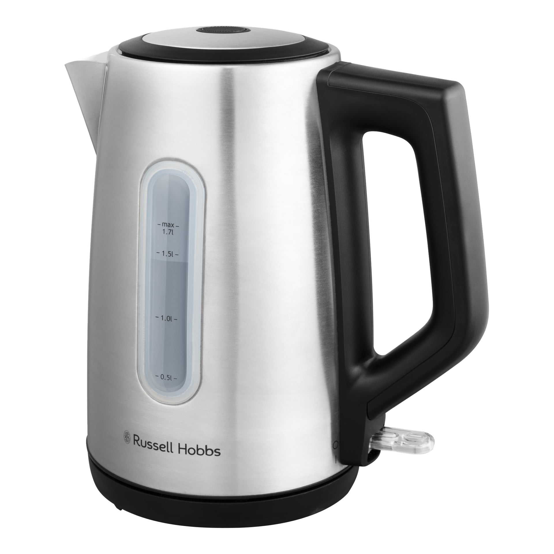Rostfritt stål Russell Hobbs Heaton elvattenkokare med svart handtag, svart lock, klart vattennivåfönster och logotyp i botten.