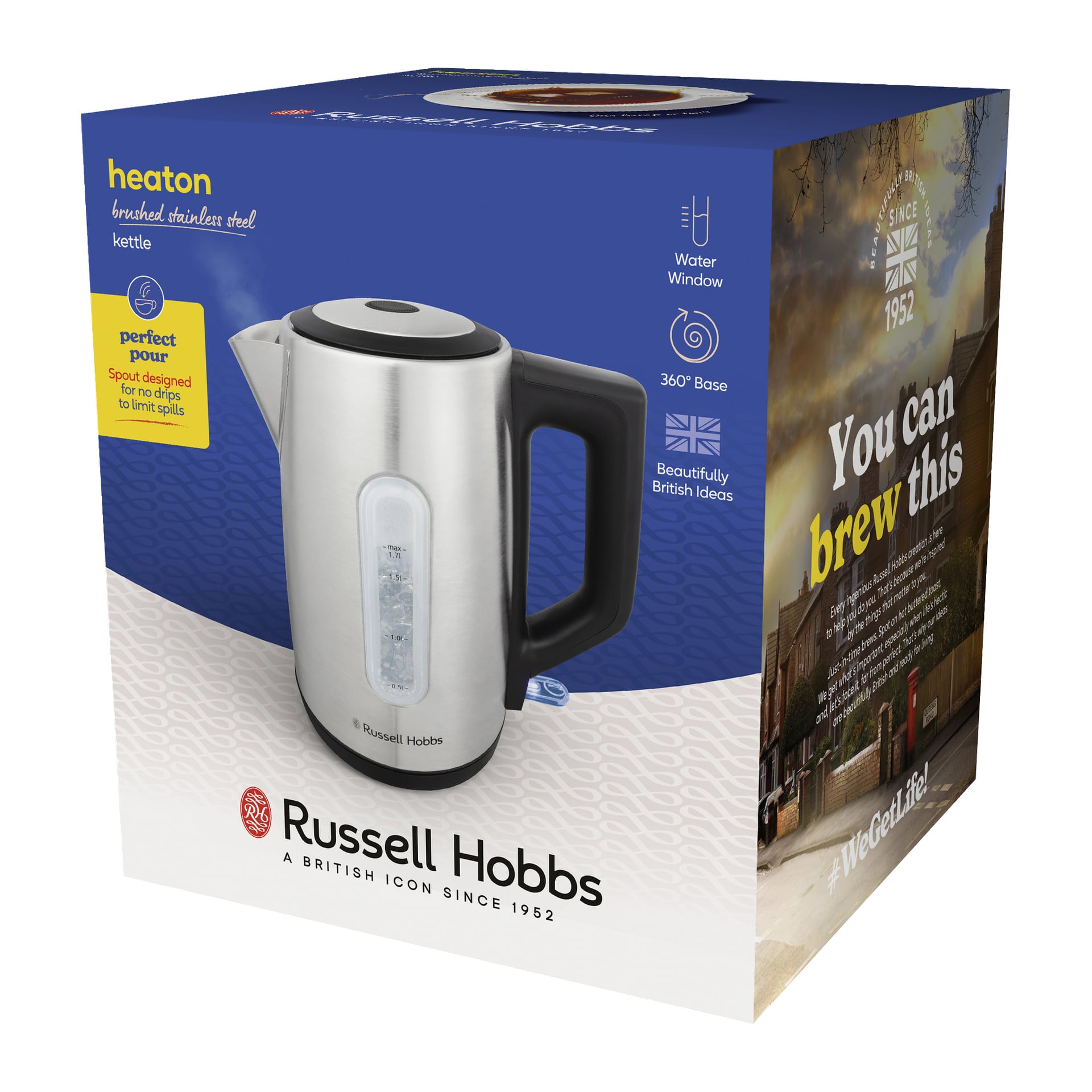 Russell Hobbs Heaton borstad rostfri stål-kittellåda, med svart handtag, vattenfönster, perfekt hällpip och 360° bas.