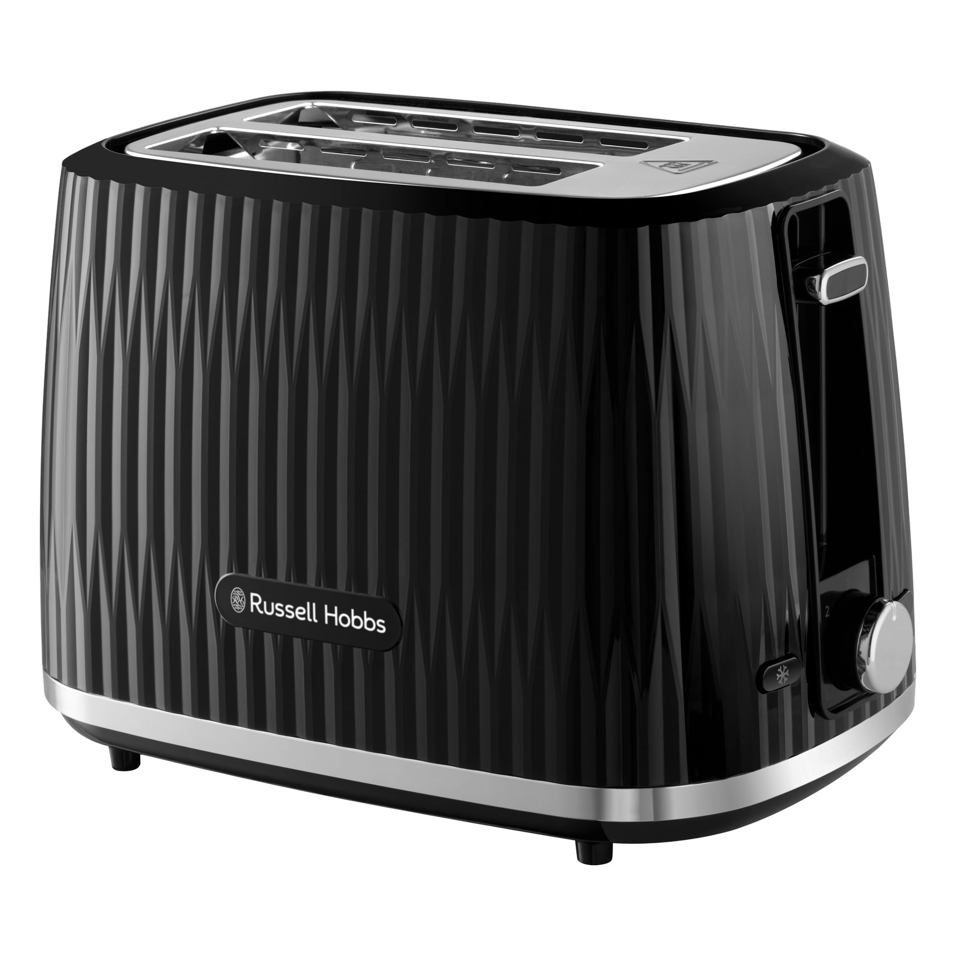 , teksturowany toster Russell Hobbs Eden 2-slice z chromowanymi wykończeniami, podwójnymi slotami, pokrętłem sterowania i bocznym przyciskiem.