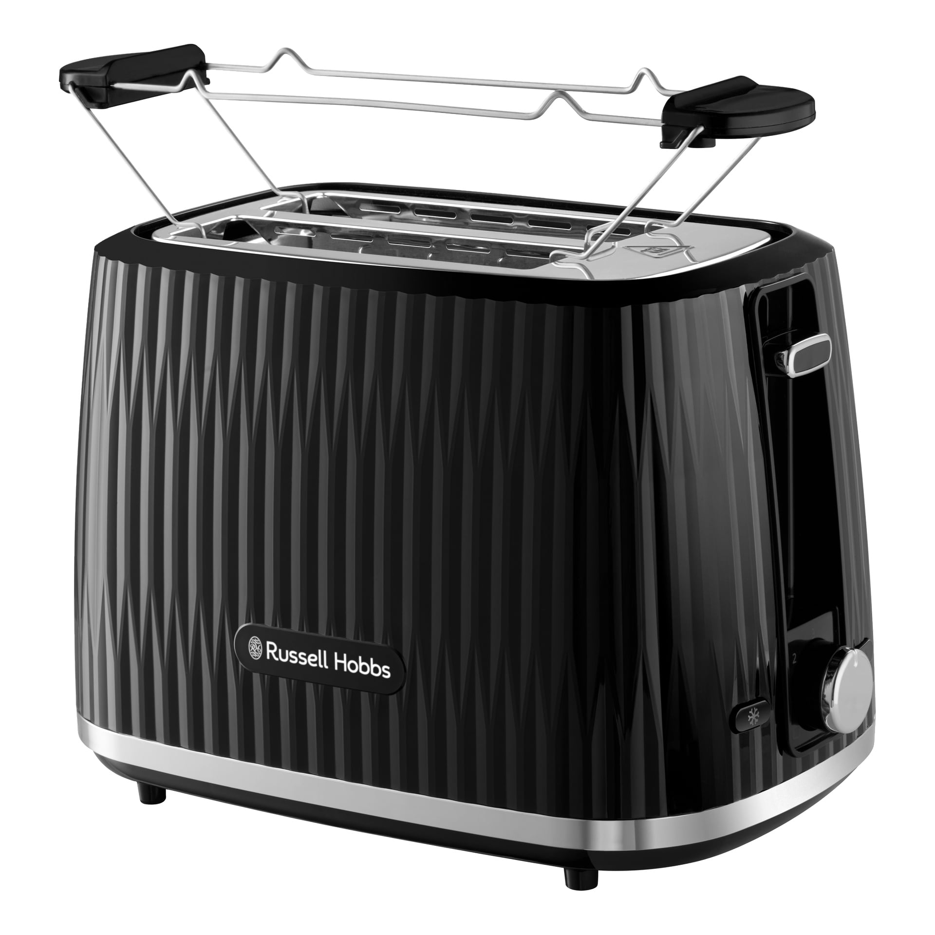 toster Russell Hobbs Eden 2-slice z teksturowanym wykończeniem, dwoma szczelinami, dźwignią, pokrętłem i górnym stojakiem na ogrzewanie.