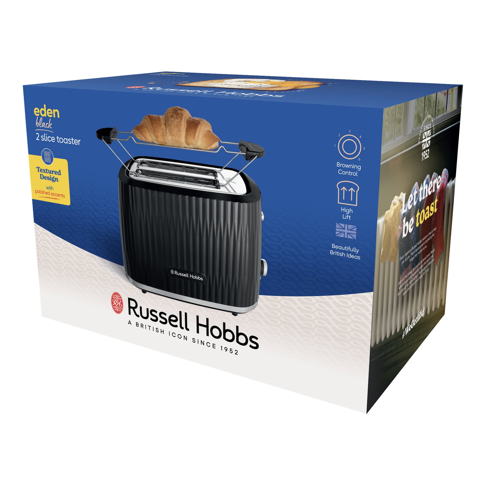 Pudełko tostera Russell Hobbs Eden 2-slice pokazuje toster z tostem, z kontrolą brumienienia, wysokim podniesieniem i teksturowanym designem.