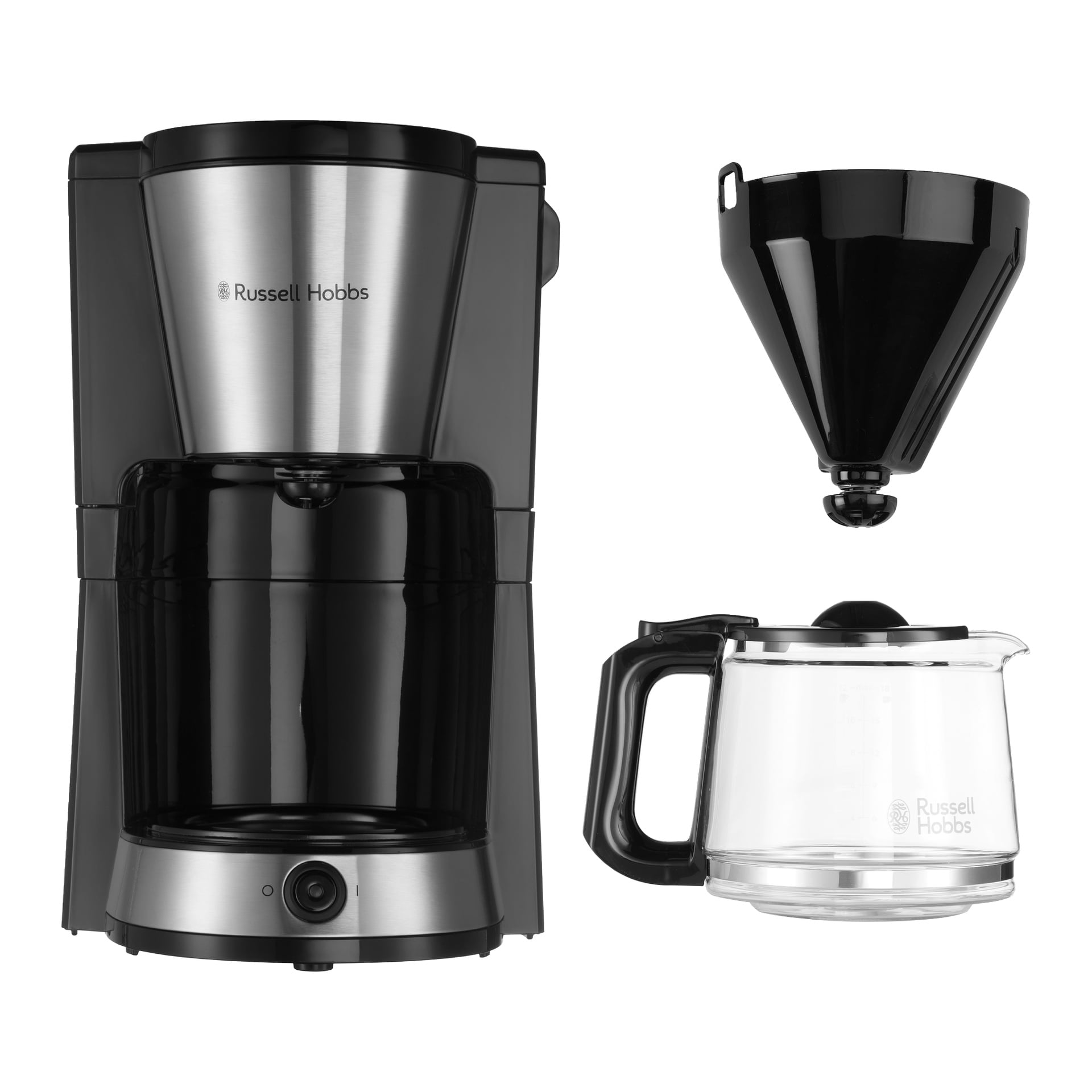 Russell Hobbs Coffee Maker Heaton w kolorze czarno-srebrnym, pokazany z odpinanym uchwytem na filtr i szklaną karafką z czarną rączką i pokrywką.