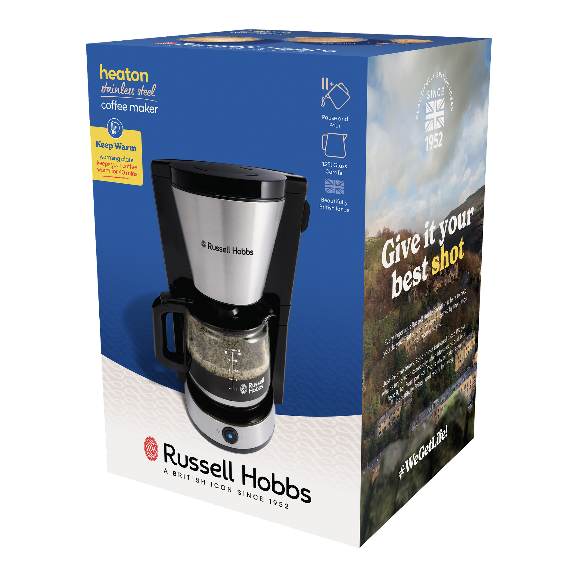 Opakowanie ekspresu do kawy Russell Hobbs Heaton pokazuje urządzenie, podkreśla "Keep Warm" i zawiera hasła takie jak "Daj z siebie wszystko."