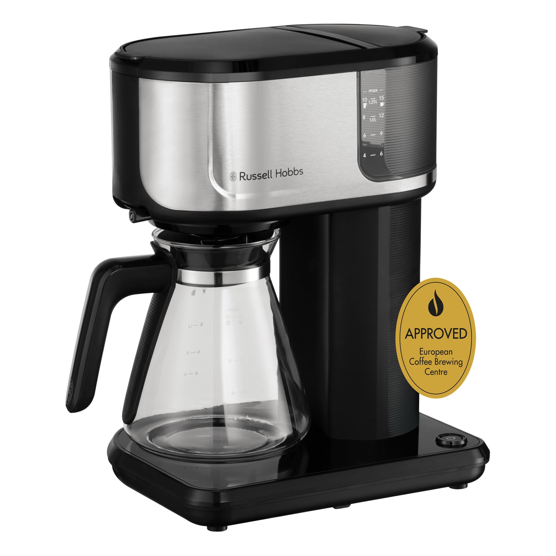 Russell Hobbs Attentiv svart kaffebryggare med glaskaraff, sidovattennivåmätare och svart rostfri stålfinish. ECBC godkänd.