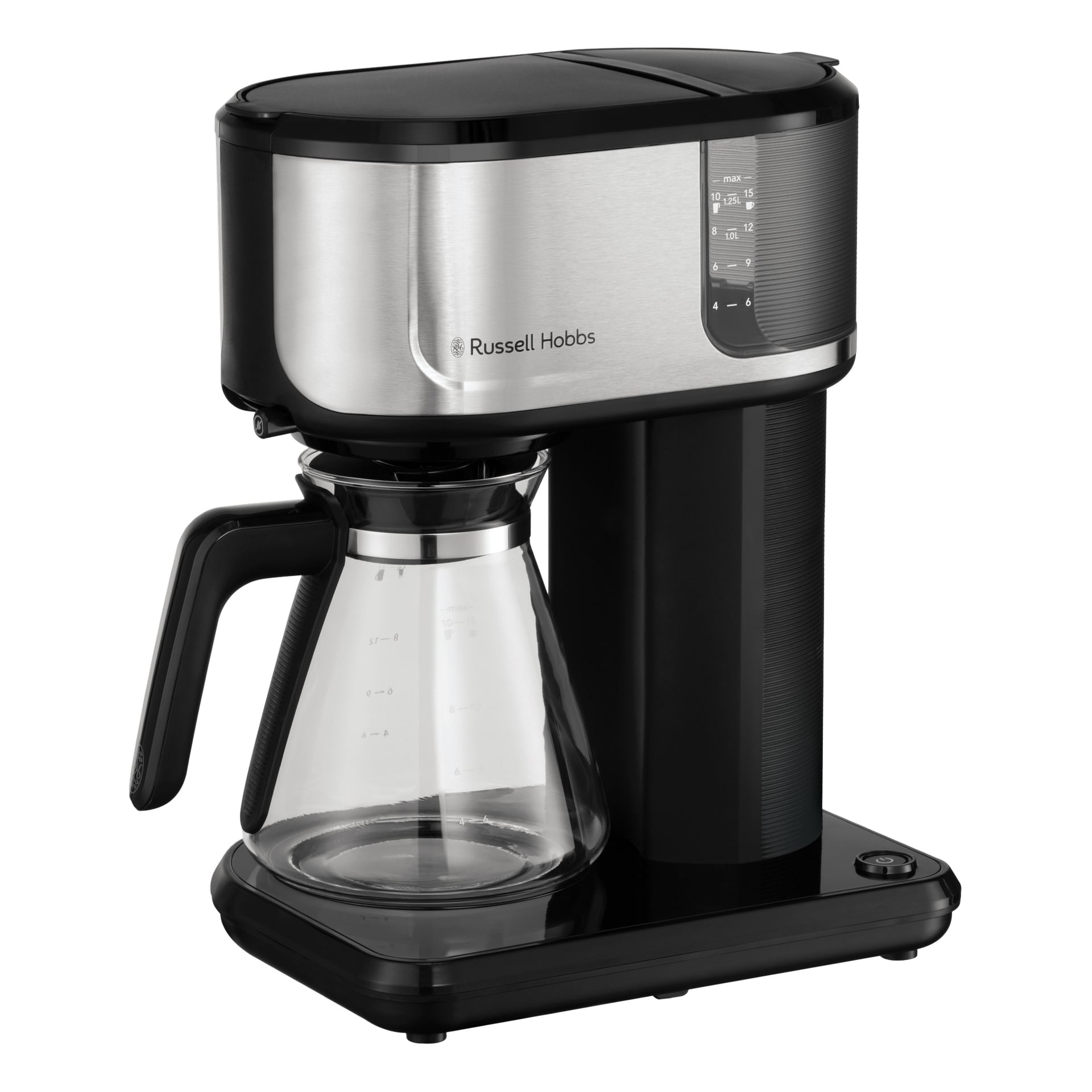 Russell Hobbs Attentiv Black kaffebryggare med detaljer i rostfritt stål, glaskaraff, sidovattenmätare och basknapp för ström.