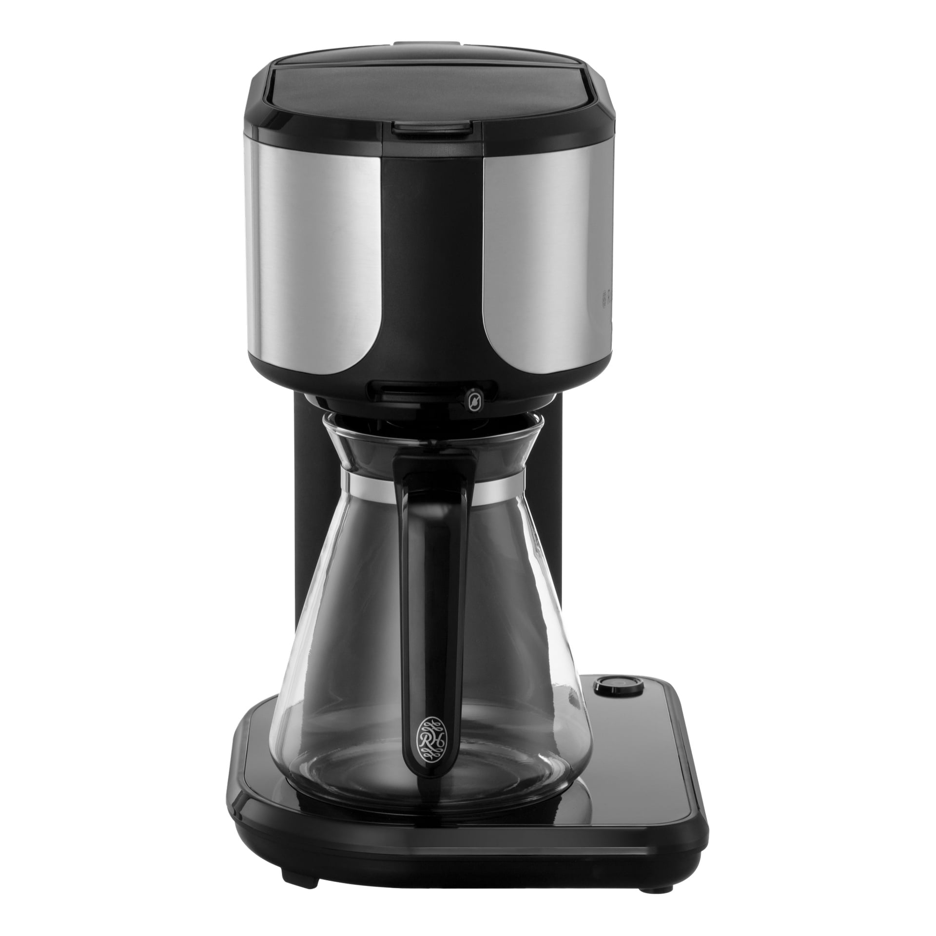 Russell Hobbs Attentiv svart kaffebryggare med minimalistisk svart och rostfri design, glaskaraff, handtag och logotyp på basen.