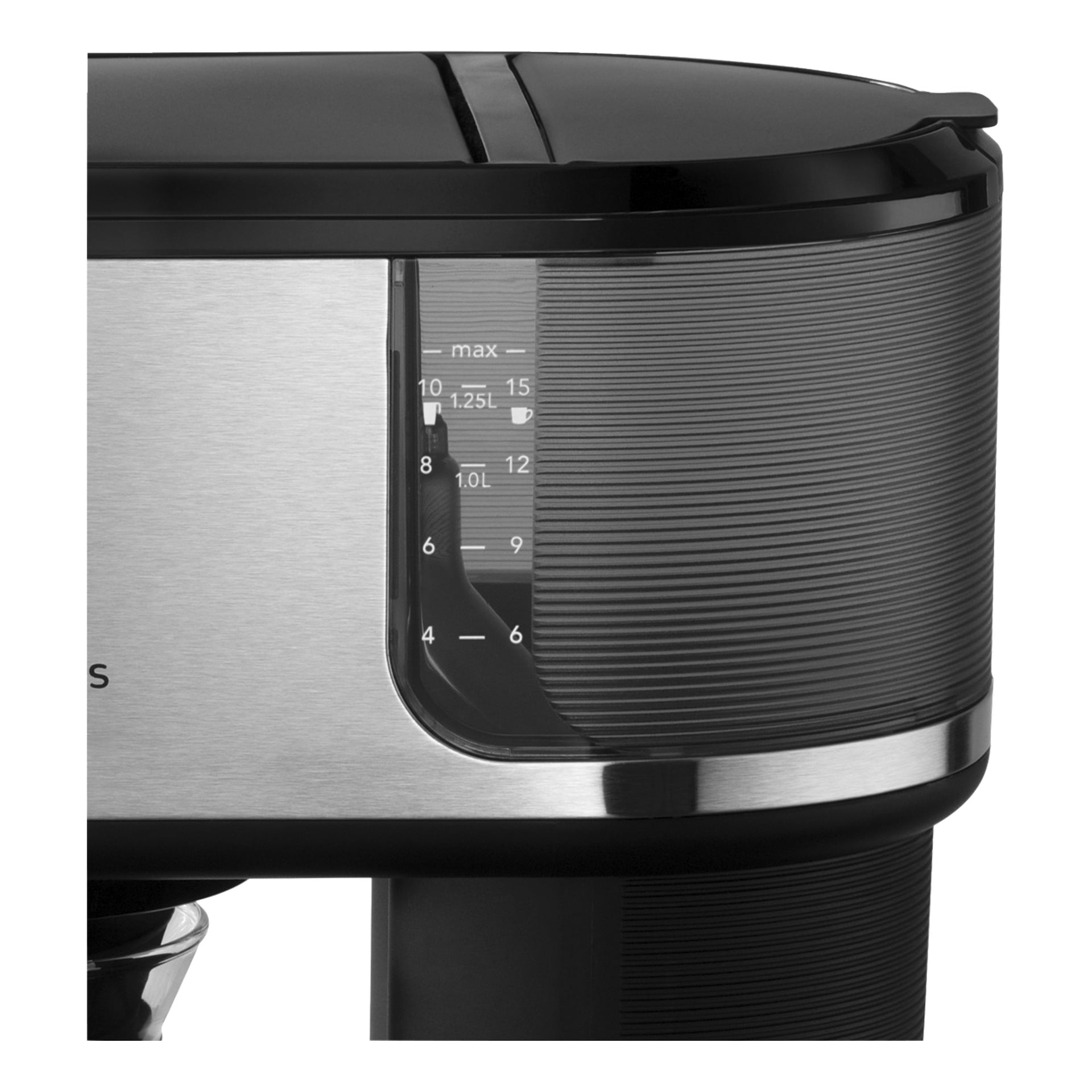 Närbild av Russell Hobbs Attentiv Black kaffebryggarens vattenreservoar med 2–12 koppars markeringar, maxpåfyllningslinje, metall och svart kropp.