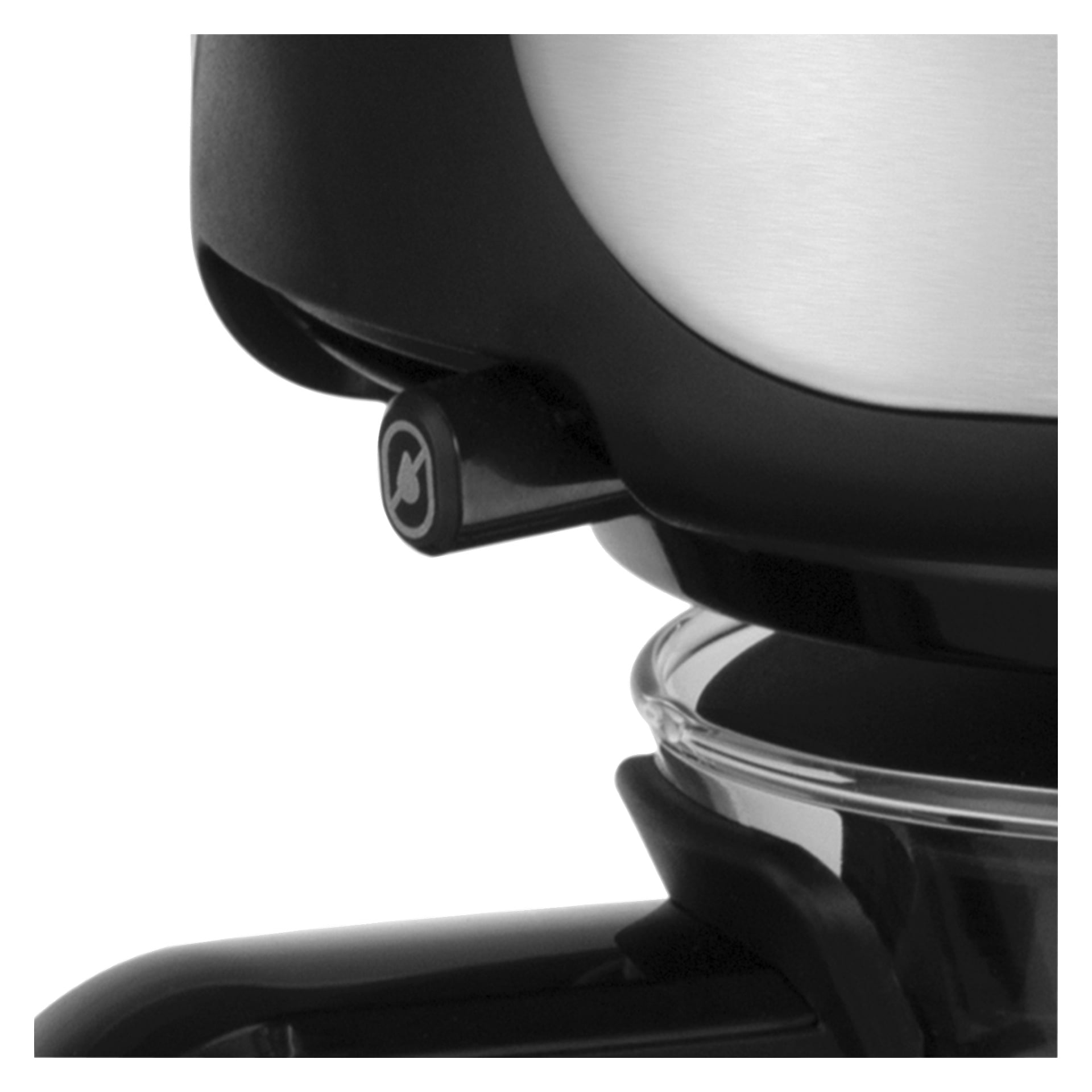 Detaljerad vy av Russell Hobbs Attentiv Black kaffebryggare, med fokus på dess kontrollknapp med en cirkulär pil och glasskål nedanför.