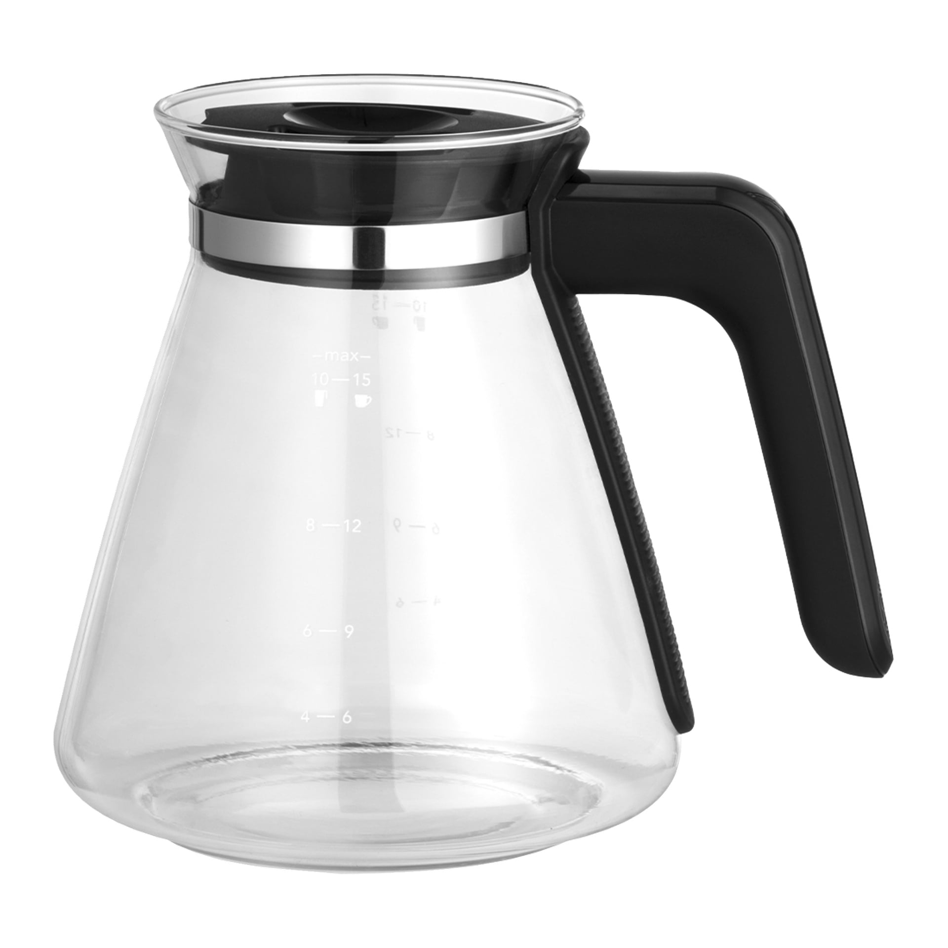 Russell Hobbs Attentiv Black kaffebryggare med glaskaraff, svart handtag, rostfritt stål och sidomått.
