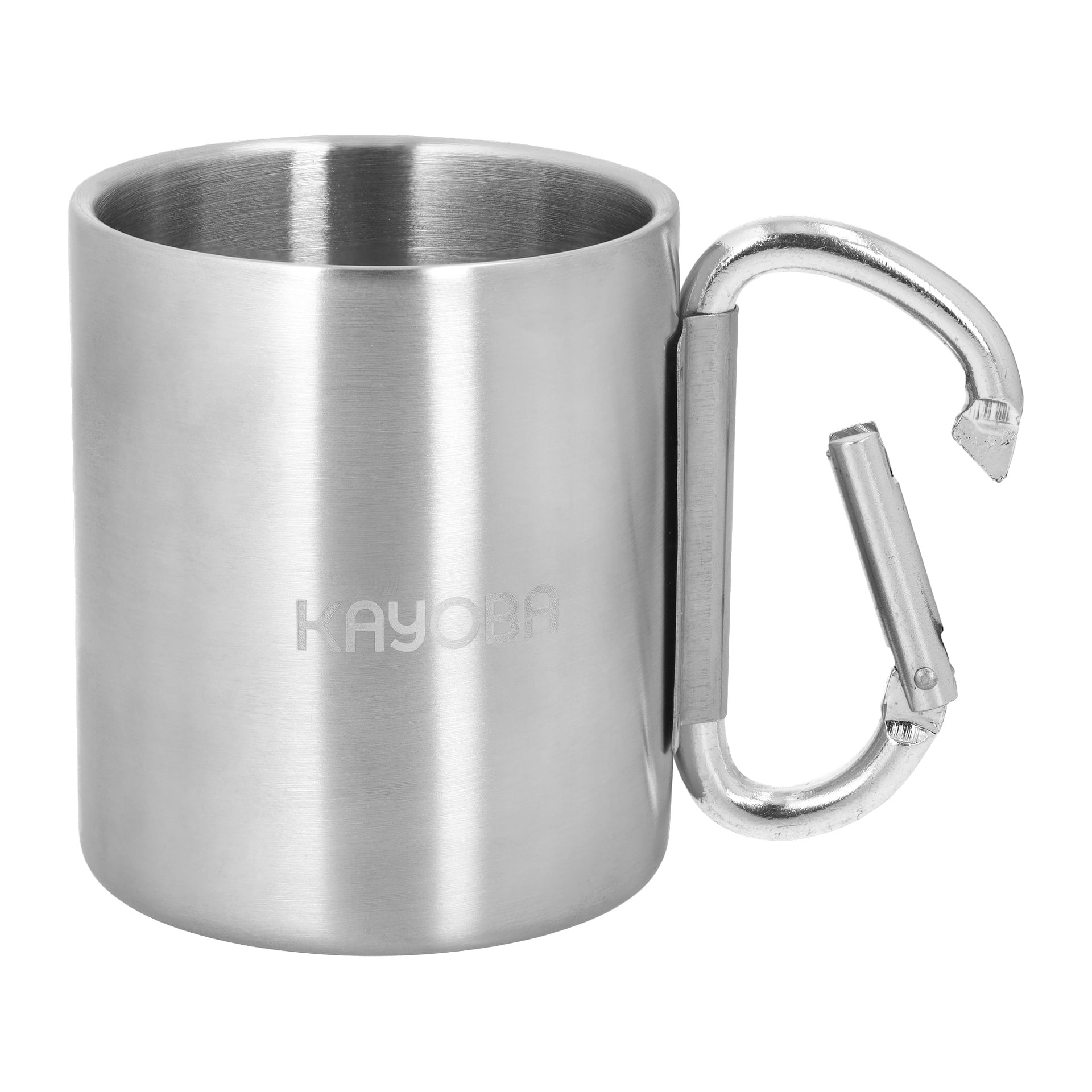 Kayoba-krus med polert rustfritt stålkropp, metallkarabinkrokhåndtak og "Kayoba" gravert på siden. Minimalistisk utseende.