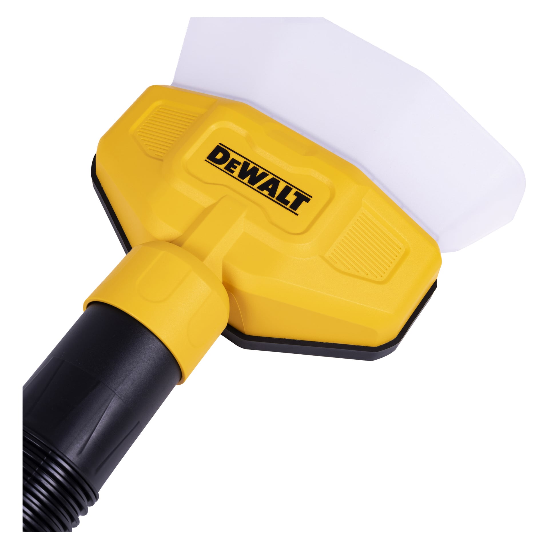 DeWalt DXVA00-1500 Dust Collector w kolorze żółto-czarnym, o przezroczystym skośnym górnym planie, zaprojektowany do montażu do węża próżniowego.