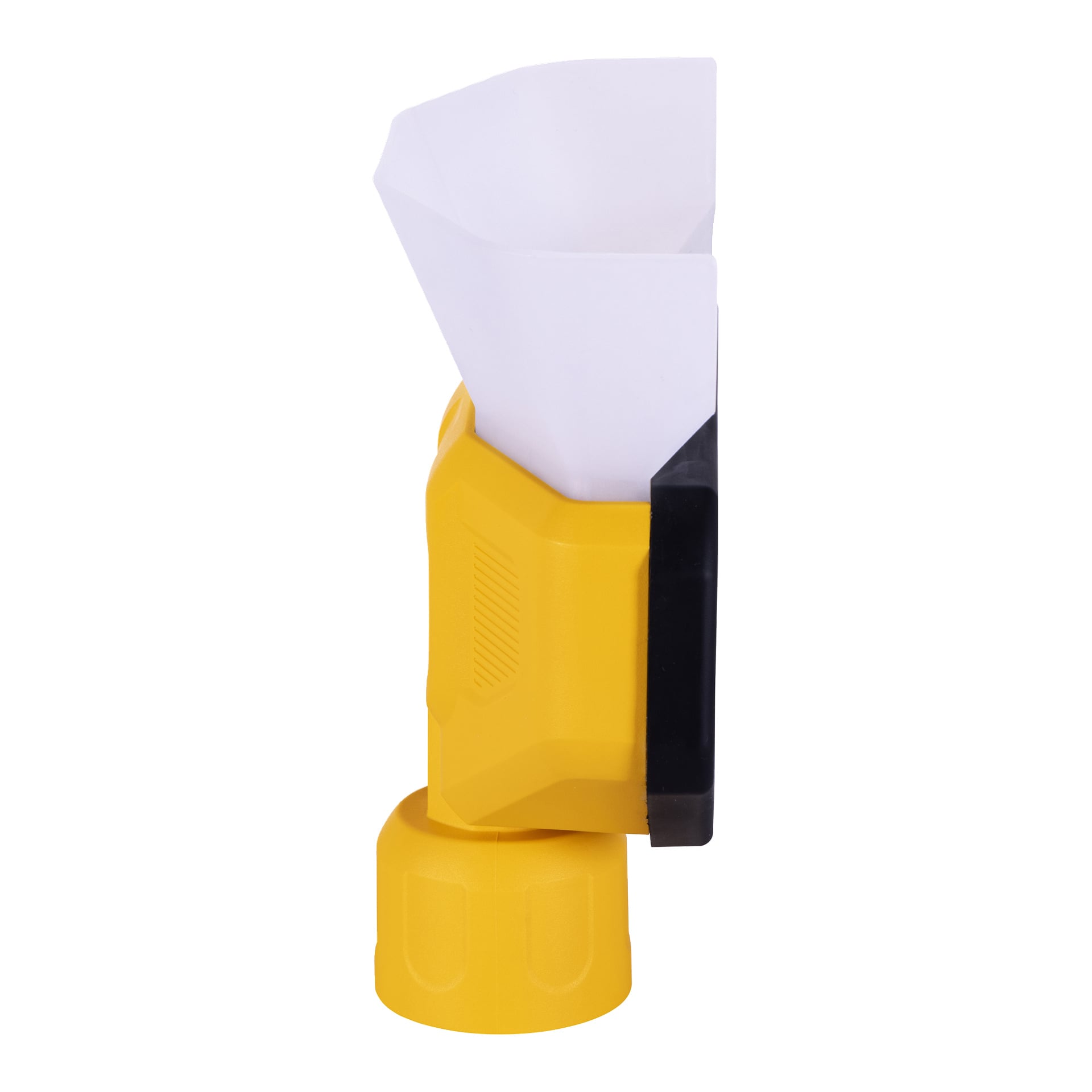 Z boku pokazano żółto-DeWalt Dust Collector dla DXVA00-1500, z białą lejkowatą górą.
