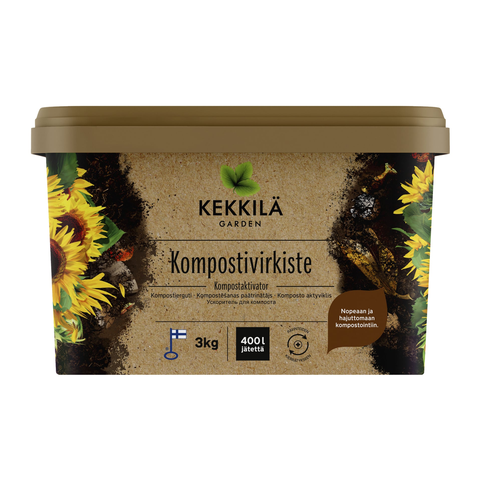 Suorakaiteen muotoinen ruskea ja vihreä Kekkilä Compost Activator -astia näyttää auringonkukkia, kompostia, lippua sekä etikettejä "3 kg" ja "400 L".