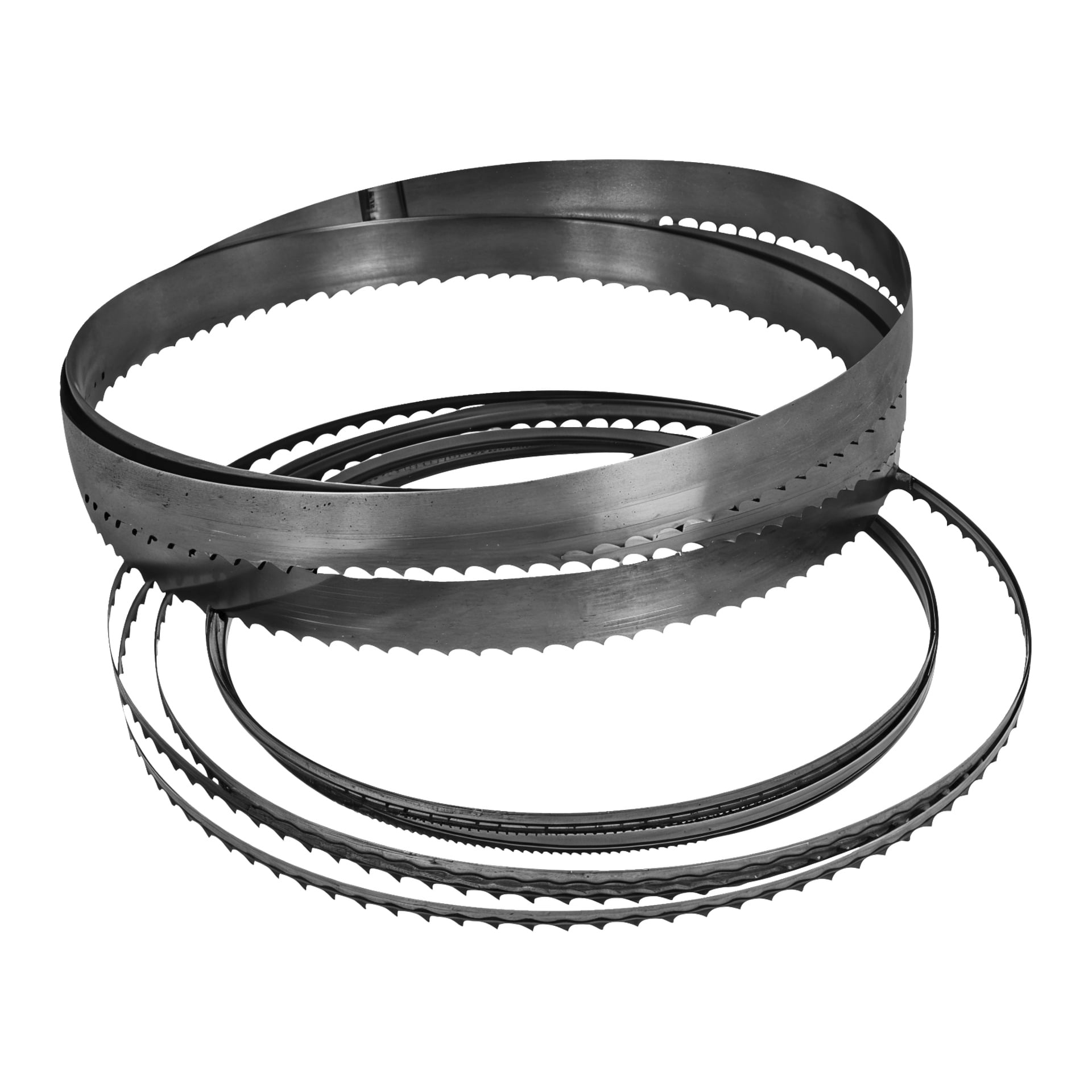 Flera spiralformade Bahco-bandsågsblad gjorda av silverfärgat metall med taggiga tänder, staplade tillsammans i olika storlekar.