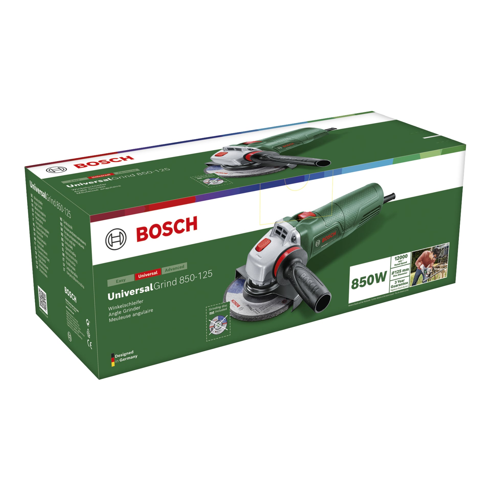Vihreä-valkoinen Bosch-laatikko, jossa on UniversalGrind 850-125 kulmahiomakone, tuotekuvat, ominaisuudet ja 850W teho.