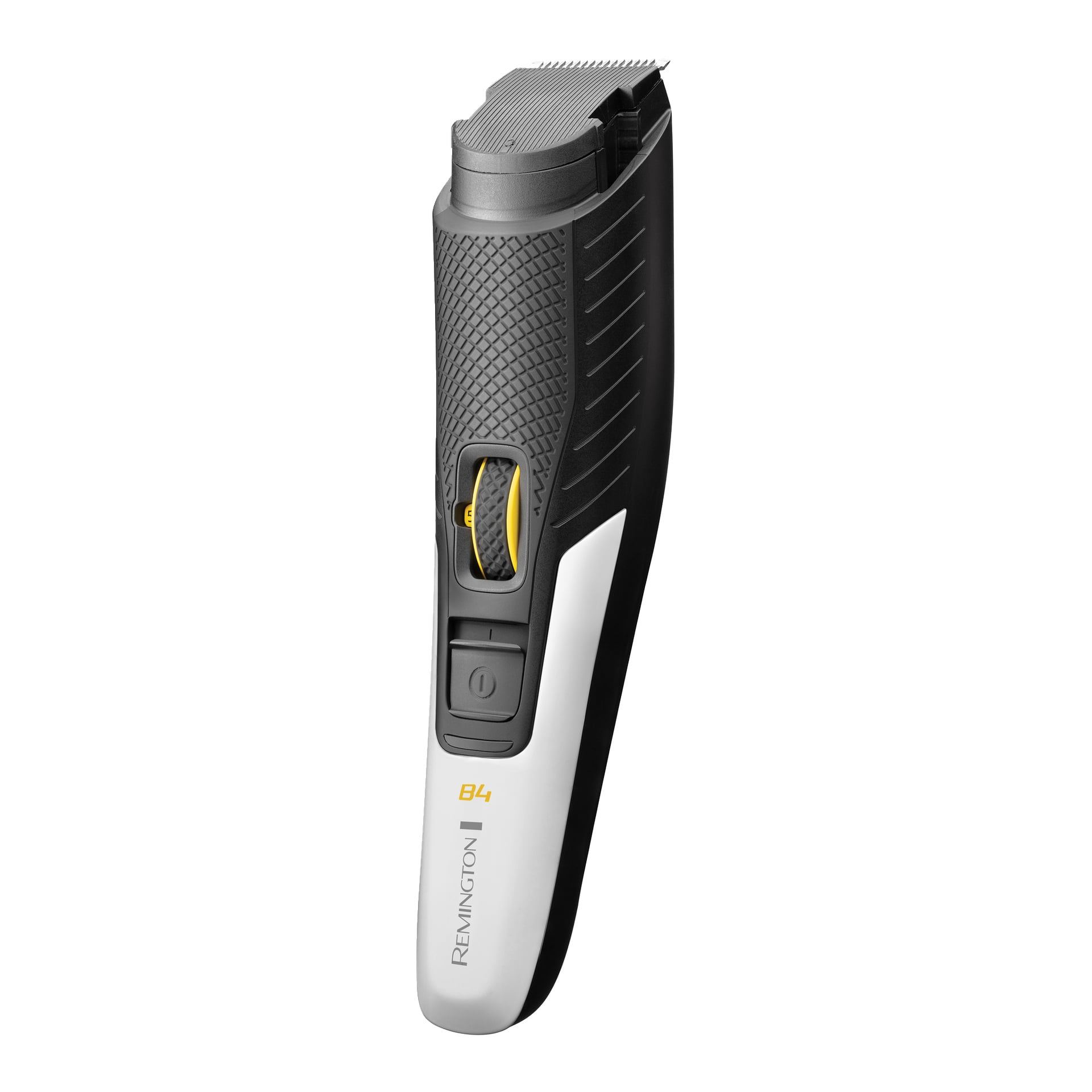 Remington Cordless Beard Trimmer B4 med texturerad svart-silverdesign, gul justerbar ratt och rostfria stålblad.