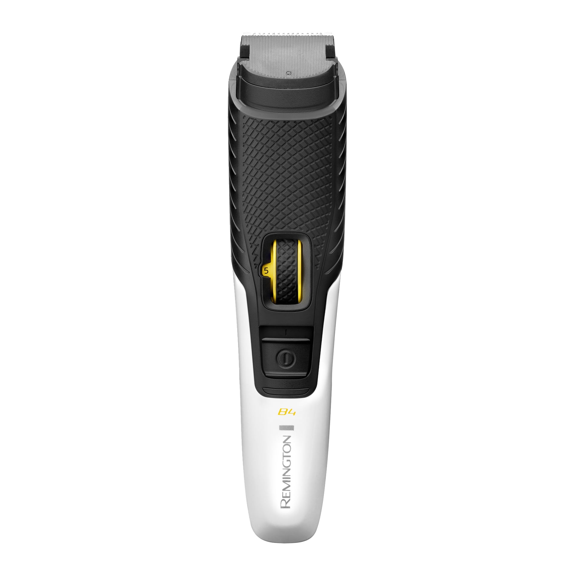 Remington Cordless Beard Trimmer Style Series B4 med svart och silverfärgat grepp, gul urtavla inställd på 5, varumärket i basen.