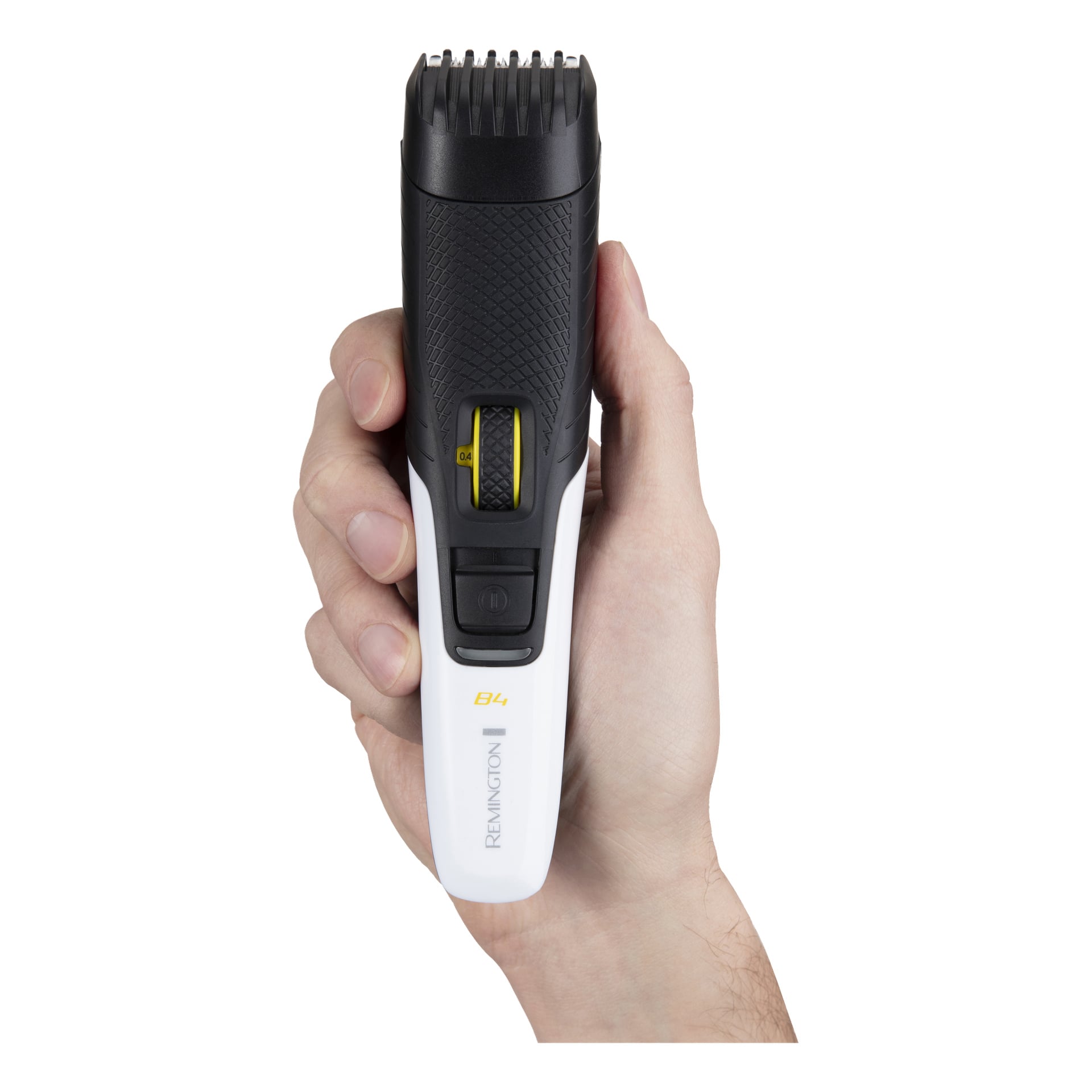 En hand håller en Remington Cordless skäggtrimmare Style Series B4 med svart grepp, gul urtavla och vit kropp med branding.