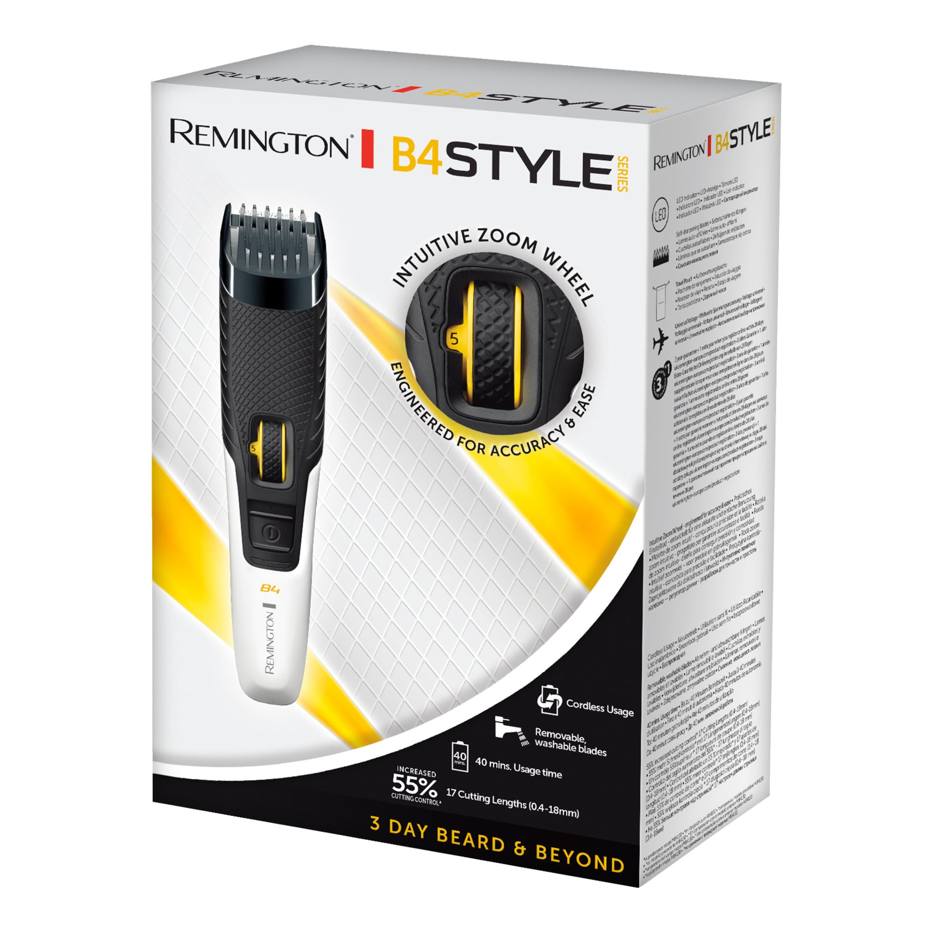 Remington B4 Cordless Beard Trimmer-lådan visar trimmern, zoomhjulsdetaljer och funktioner som 17 längder, 40 minuters drifttid, tvättbara blad.