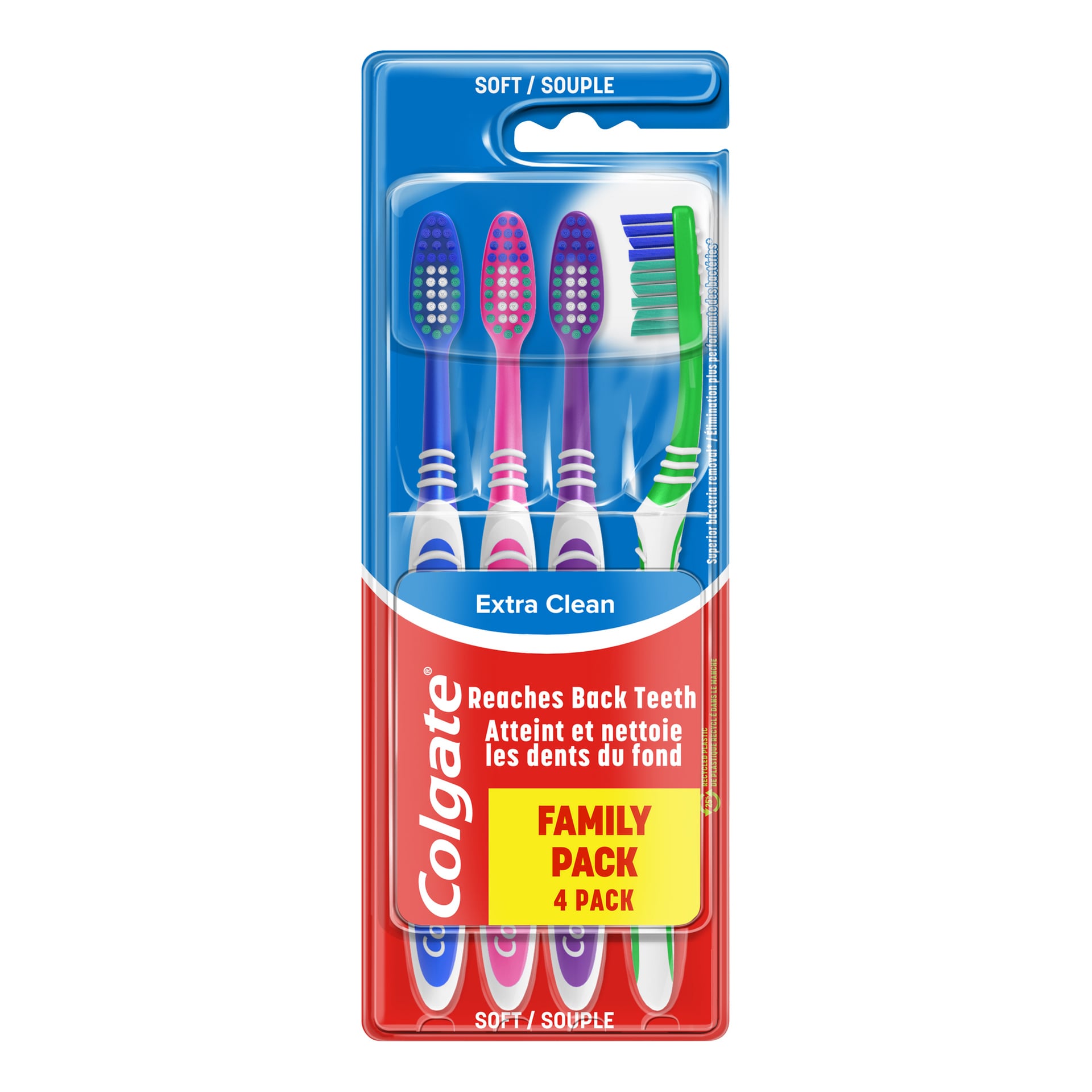 Colgate Extra Clean Soft Toothbrushes, fyra olika färger i ett familjepaket, designade för djuprengöring och räckvidd för bakre tänder.
