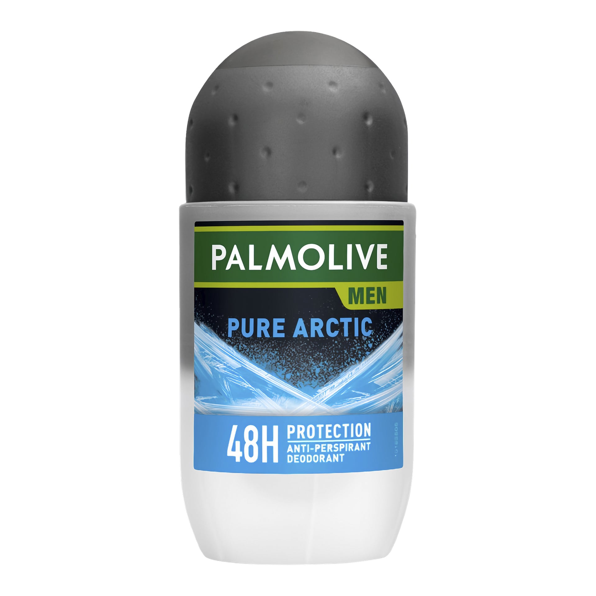 Palmolive Men Pure Arctic deodorant har en grå lock och en blå etikett med ljusblå och vita grafik och text.