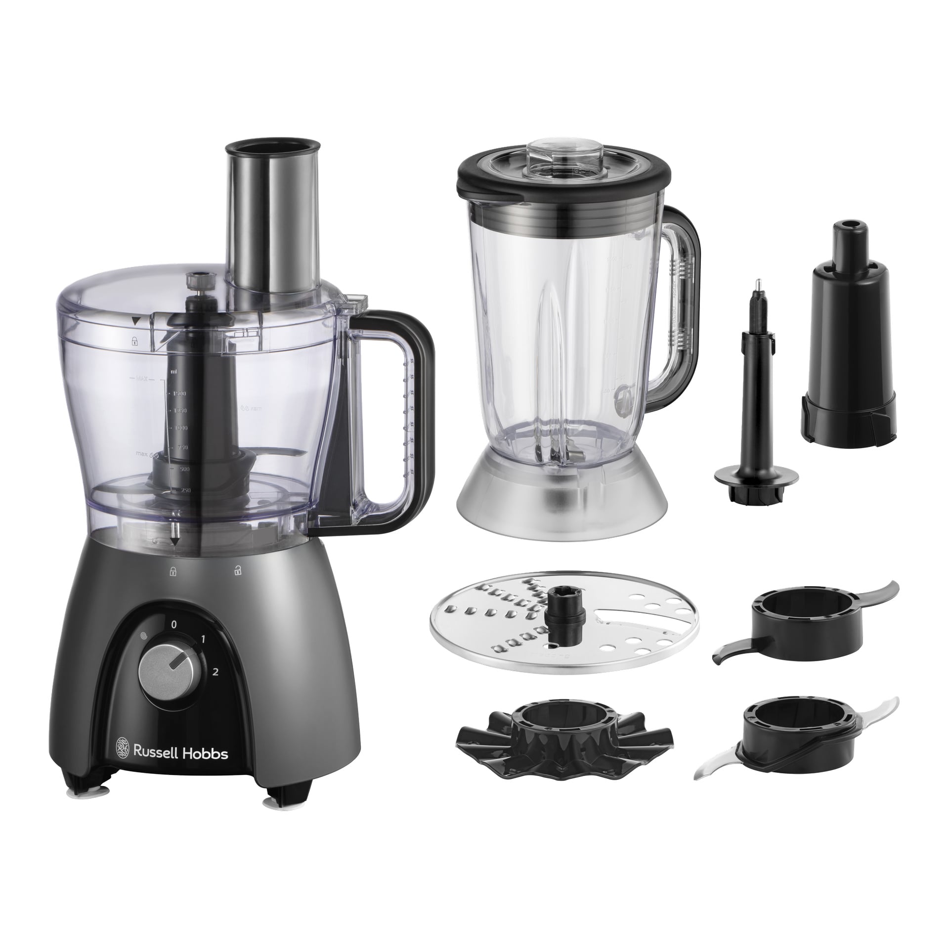 Russell Hobbs Desire Matte Charcoal matberedare med svart botten, genomskinlig skål och kanna, blad, skivor, tillbehör; Varumärket på basen.