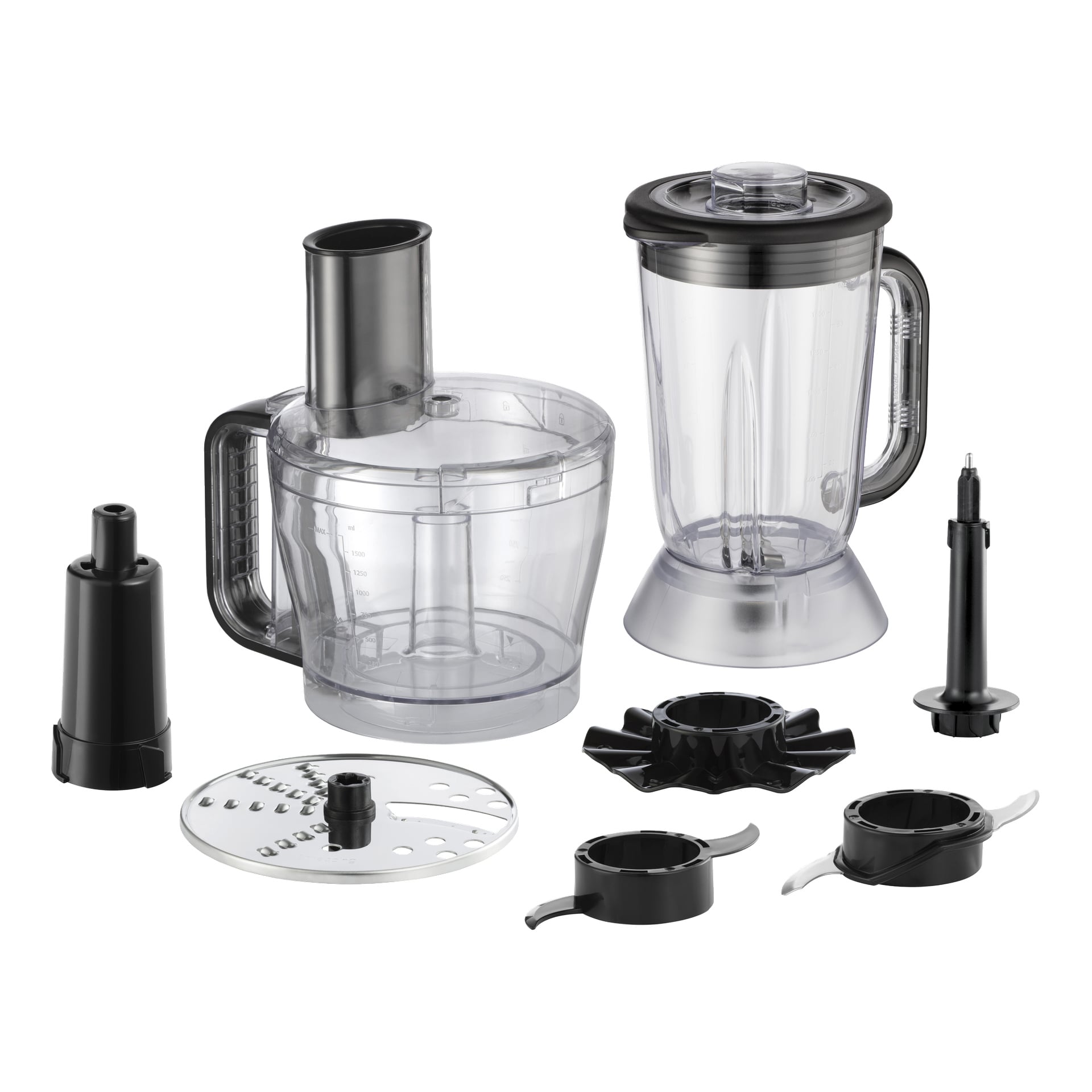Russell Hobbs Desire Matte Charcoal matberedarset med genomskinlig mixerburk, processorskål, svarta tillbehör, strimlskiva och lock.