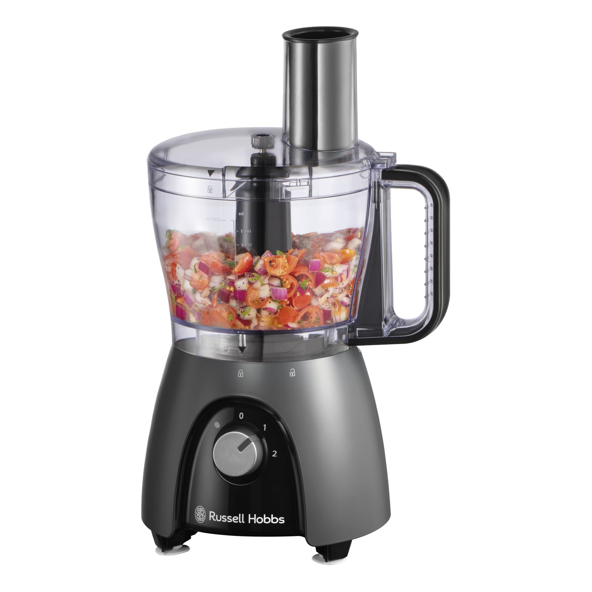 En Russell Hobbs Desire Matte Charcoal matberedare med mixerkanna, genomskinlig skål och svart bas är fylld med hackade grönsaker.