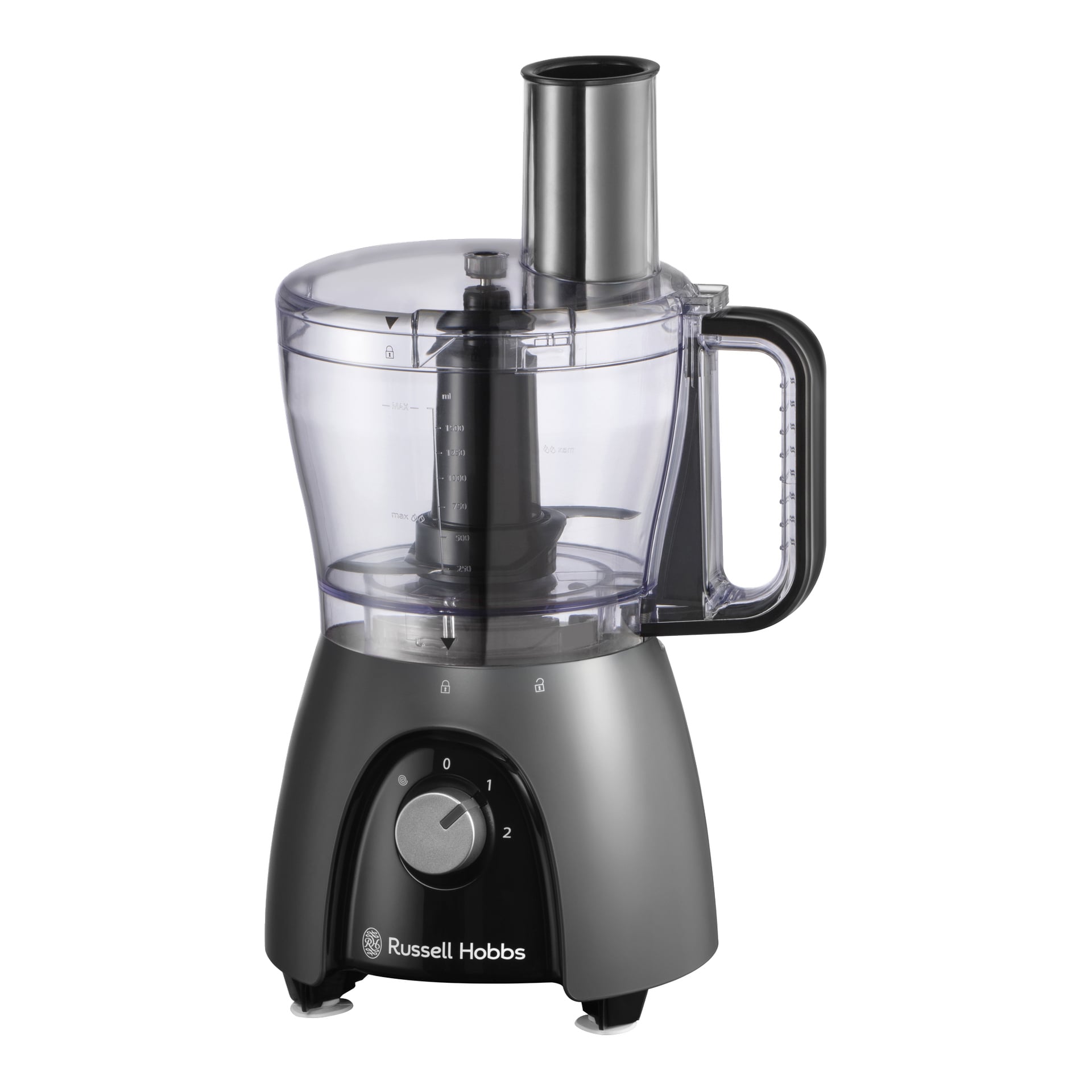 Russell Hobbs Desire Matte Charcoal food processor med mixerkanna, svart och silverfärgad bas, klar skål, lock och matarnedkast.