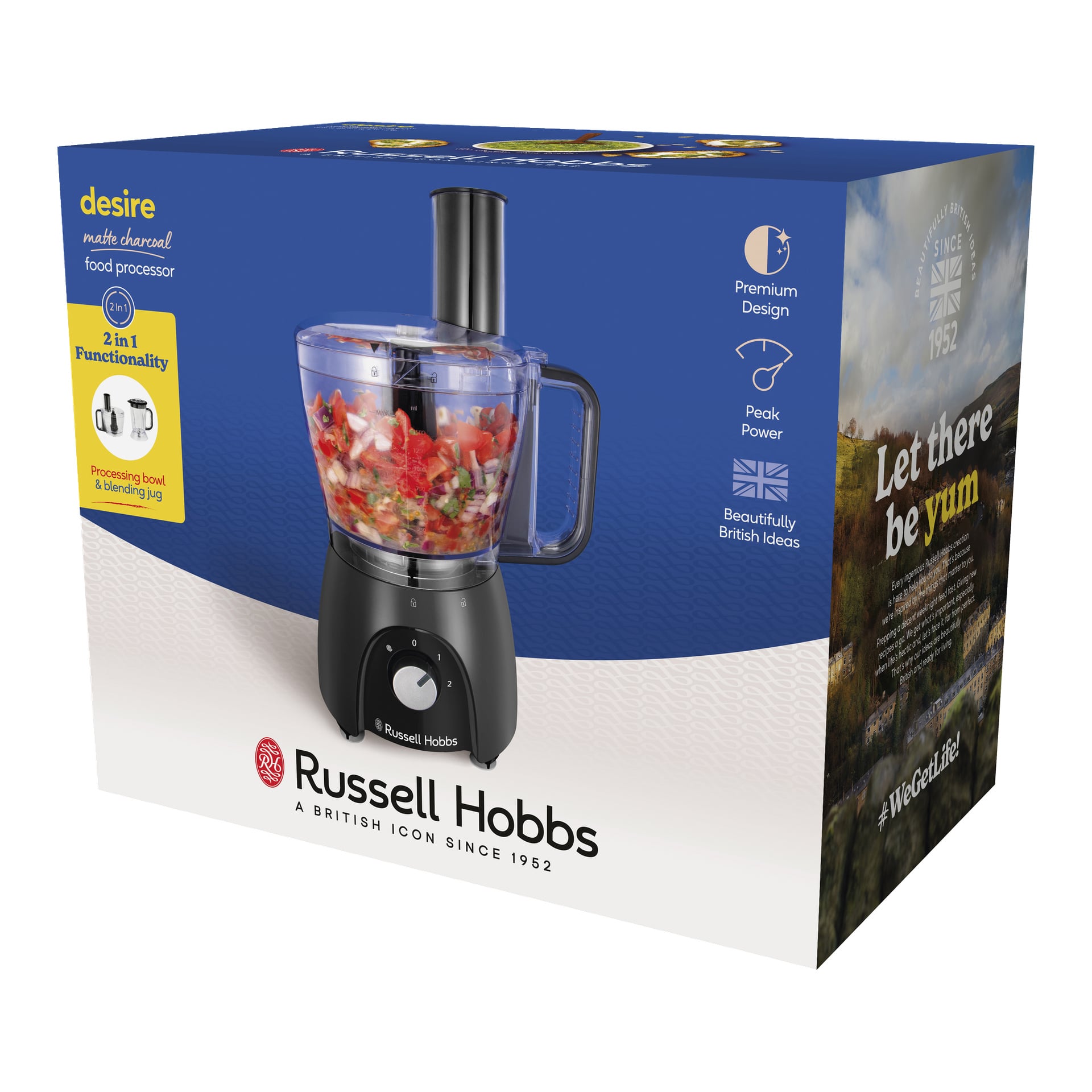 Russell Hobbs matberedare med Blender Kanna Desire Matte Charcoal i låda, som visar "2 i 1-funktionalitet", "toppeffekt" och bilder på apparaten med hackade grönsaker.