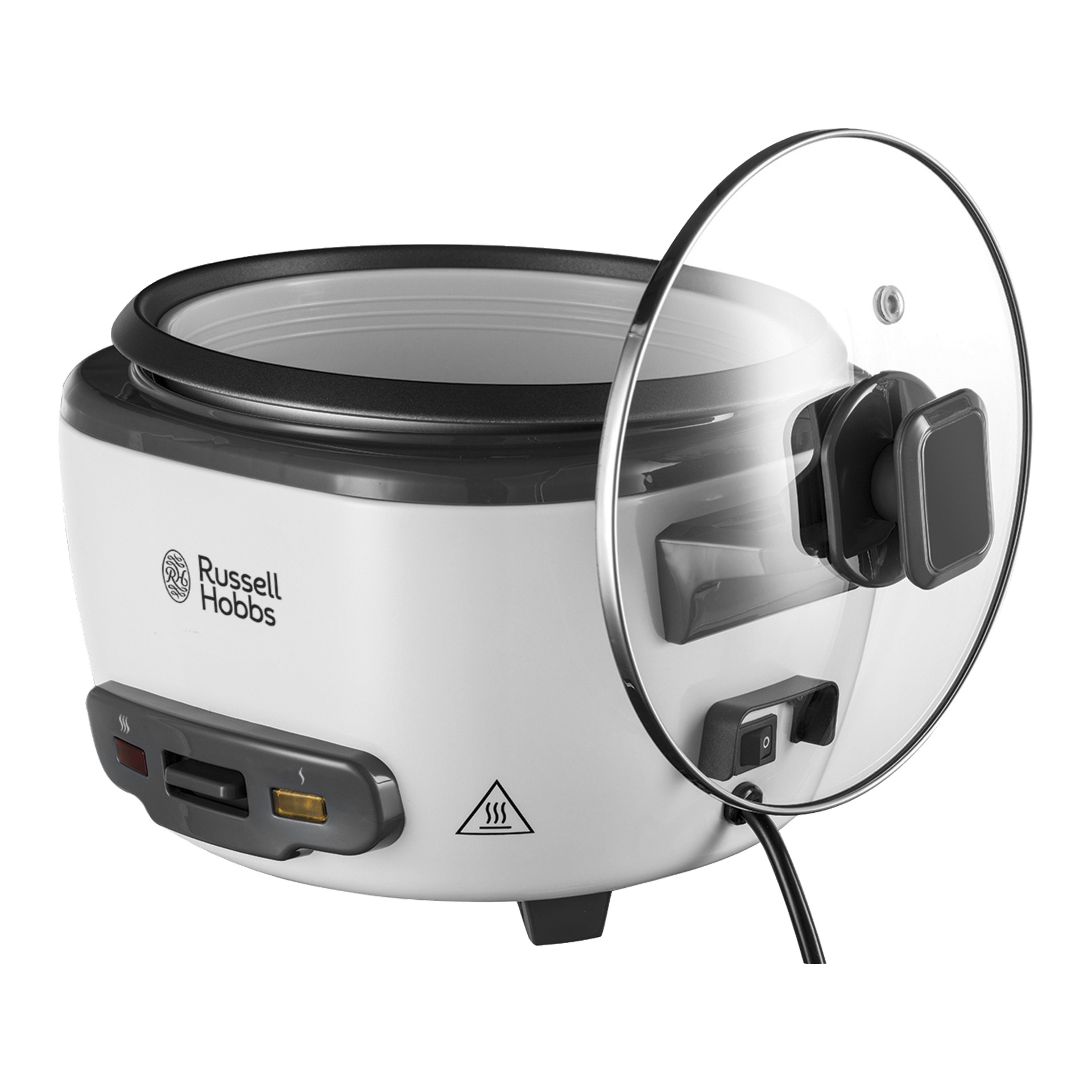 Biały duży ryżowar Russell Hobbs z otwartą szklaną pokrywą, podłączonym kablem zasilającym oraz przednimi przyciskami sterującymi i kontrolkami.