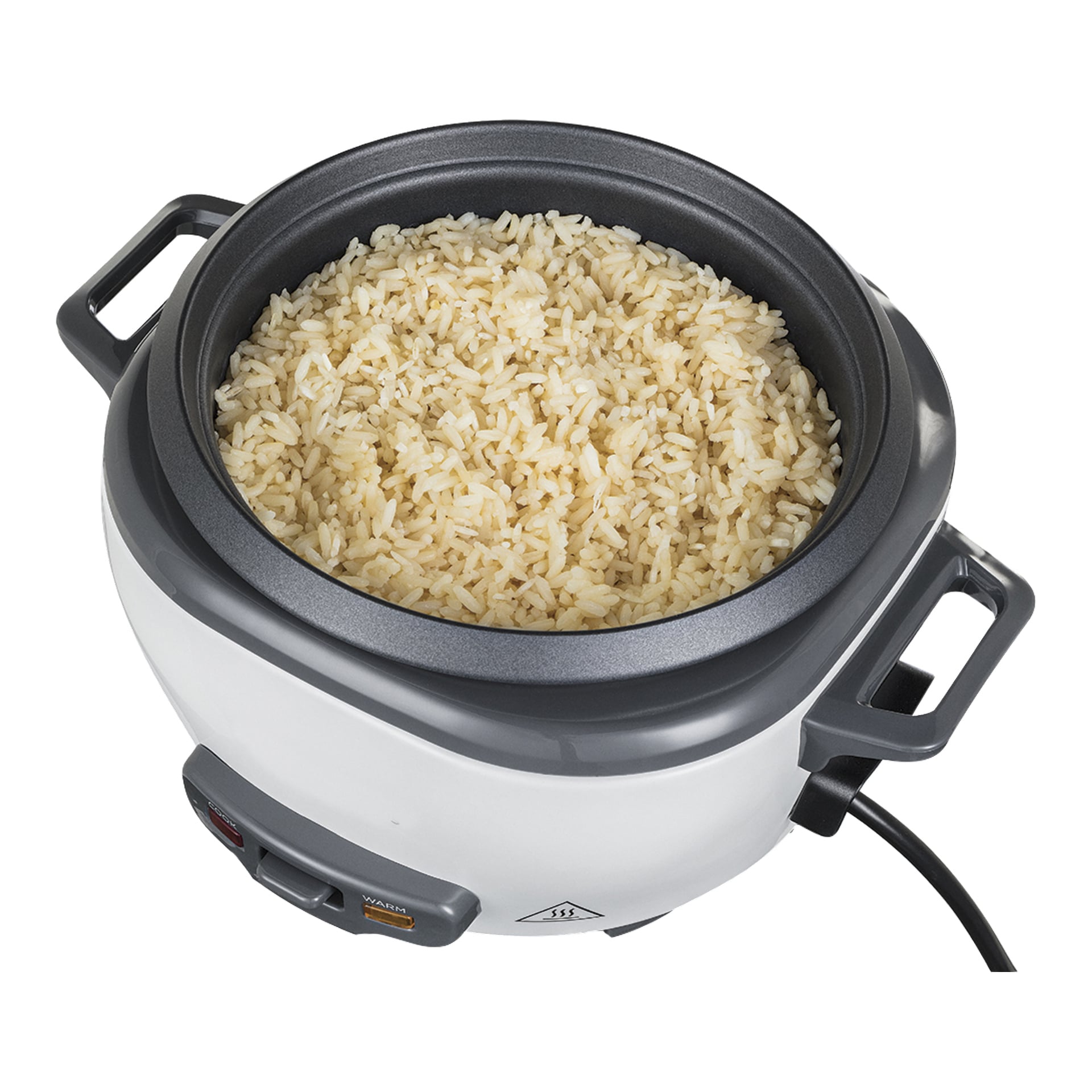 Widok z góry na Russell Hobbs Rice Cooker Large, wypełniony gotowanym ryżem, z dwoma uchwytami i widocznym kablem zasilającym.