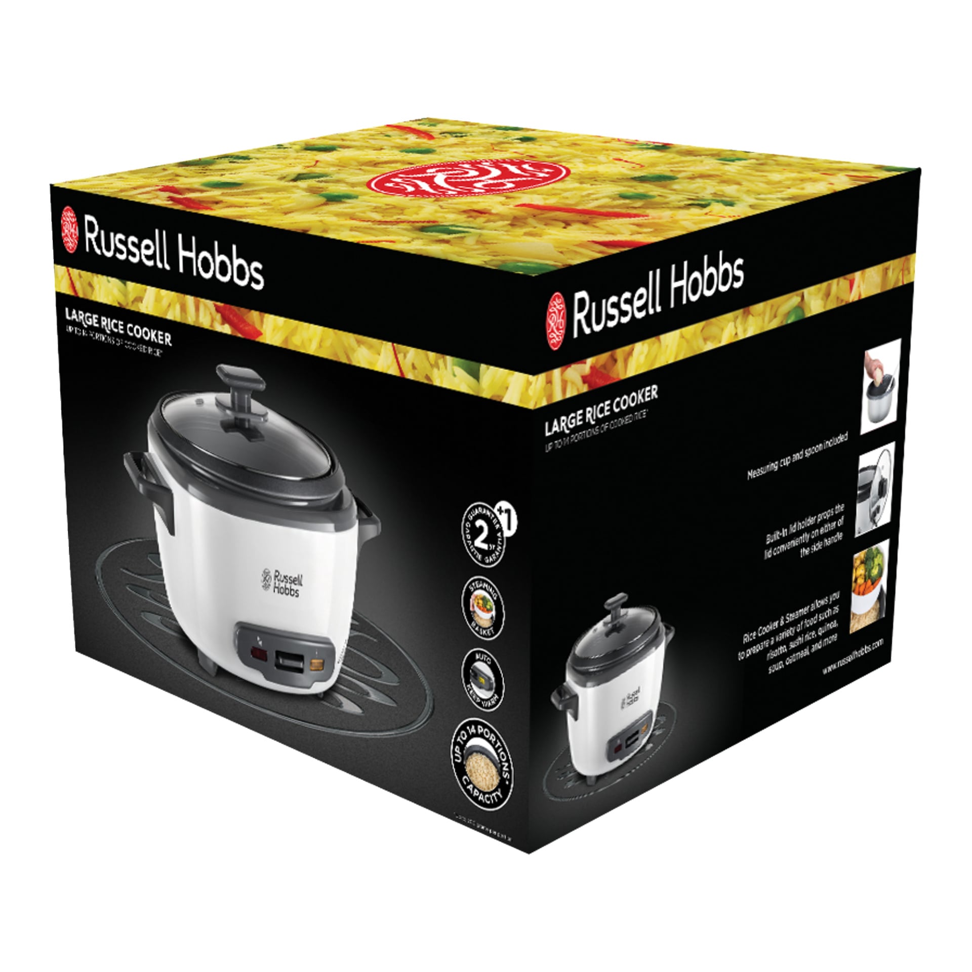 Russell Hobbs Ryżowar Duże pudełko zawiera kuchenkę, logo marki, zdjęcia produktów, kluczowe funkcje oraz grafikę naczynia ryżowego na górze.