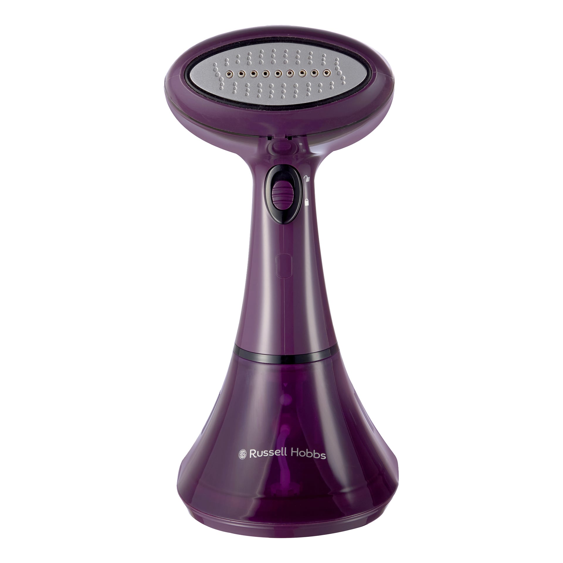 En lilla Russell Hobbs Steamer Genie Color Control med sølv dampplate, svart av/på-knapp, vanntankbunn og logo nær bunnen.