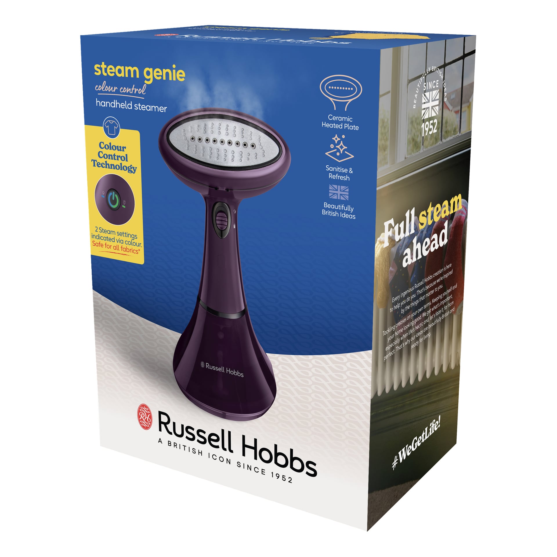 En eske Russell Hobbs Steamer Genie Color Control viser produktbilder, detaljer, hovedfunksjoner og merkevareinformasjon på emballasjen.