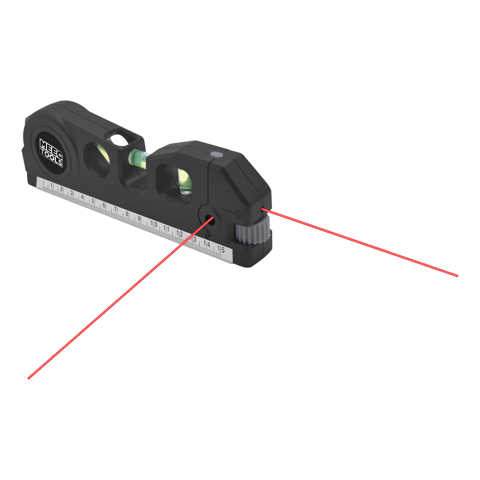 Black Meec Tools 3-in-1 Messwerkzeug mit Blasenfläschchen, cm/Zoll-Lineal und zwei roten Lasern für vertikale und horizontale Linien.