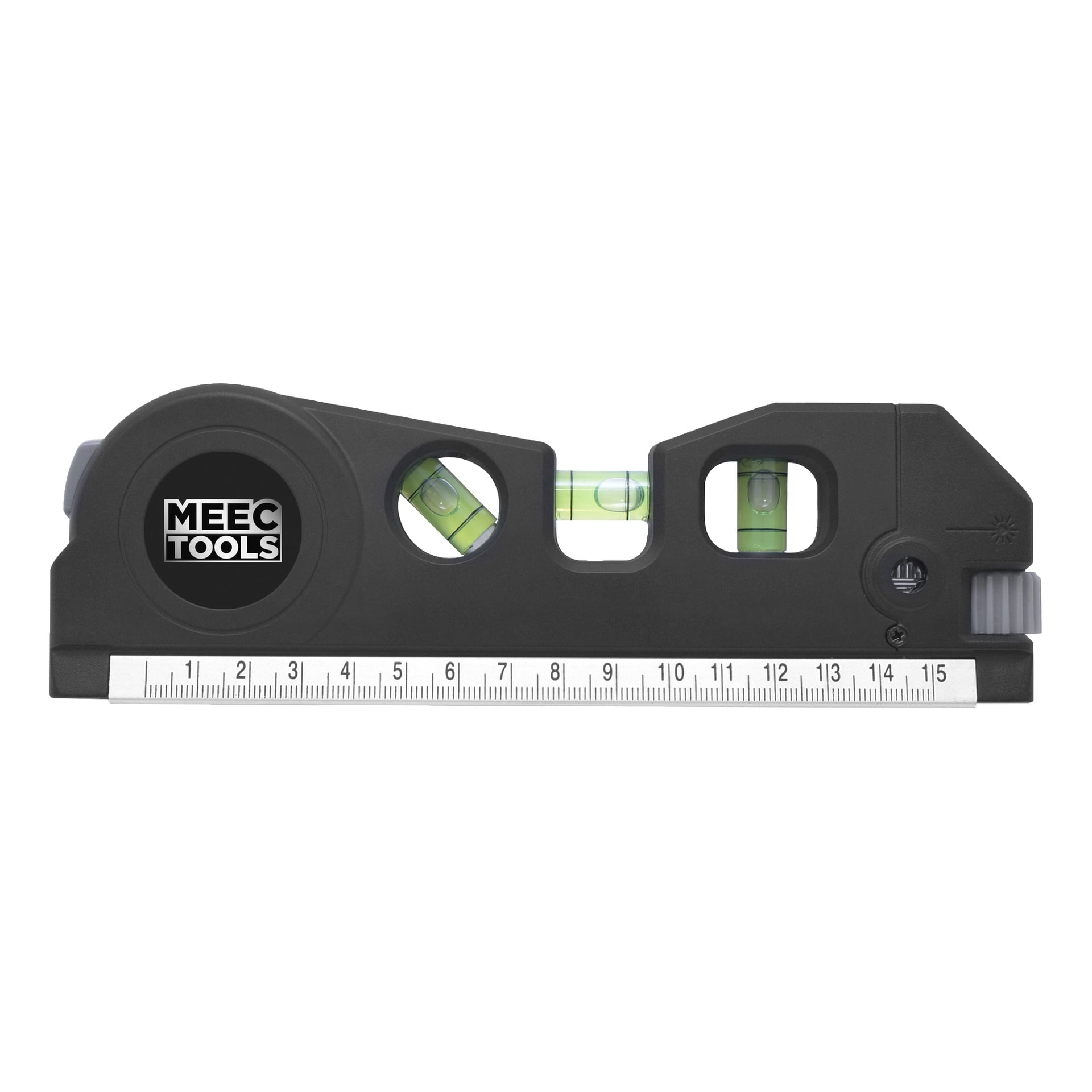 Black Meec Tools 3-in-1 Messwerkzeug mit zwei Blasenfläschchen, einem Zentimeterlineal und seitlichen Einstellreglern.