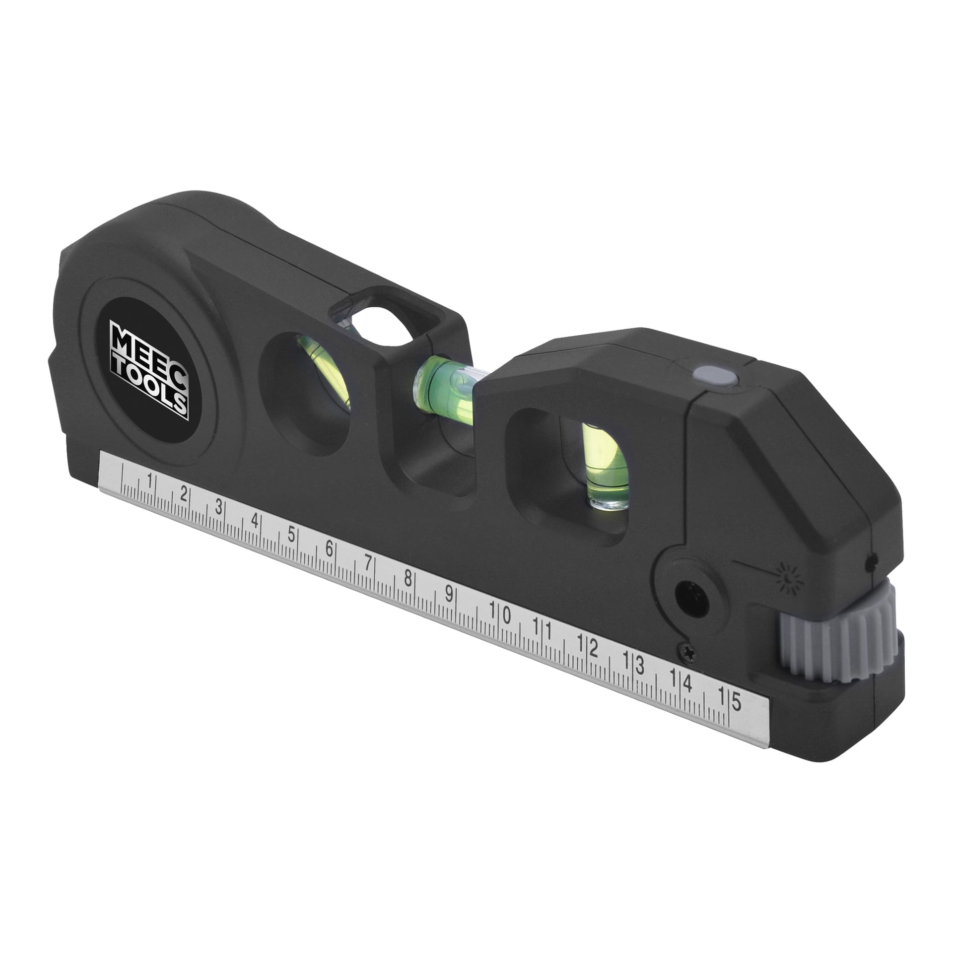 Black Meec Tools 3-in-1 Messwerkzeug mit Blasenfläschchen, cm/Zoll-Lineal, Messschlitzen, Einstellrad und Logo an der Seite.