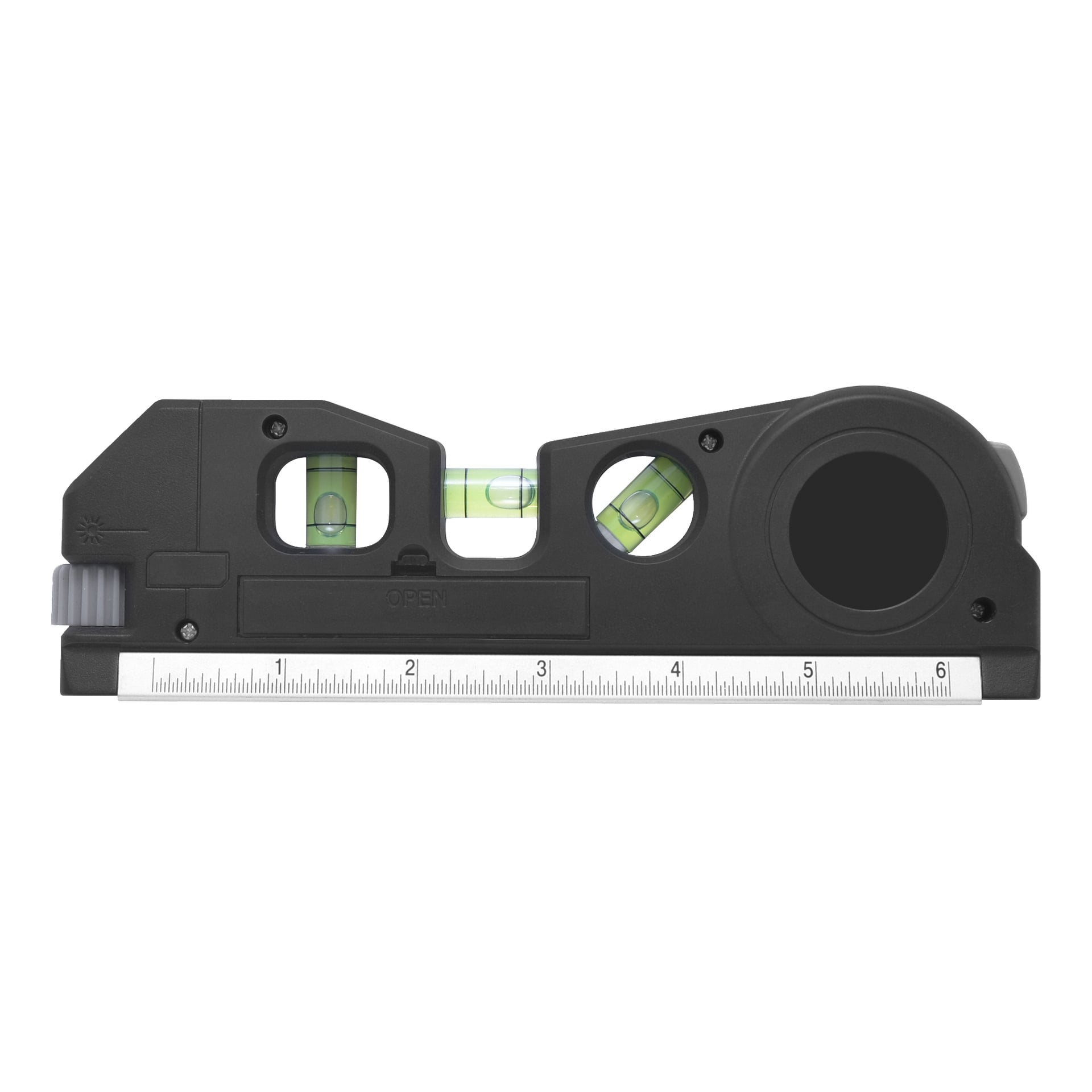 Ein schwarzes Meec Tools 3-in-1-Messwerkzeug aus Kunststoff mit einem Zentimeter-Lineal, zwei Blasenniveaus, einem runden Element und einem grauen Seitenknopf.