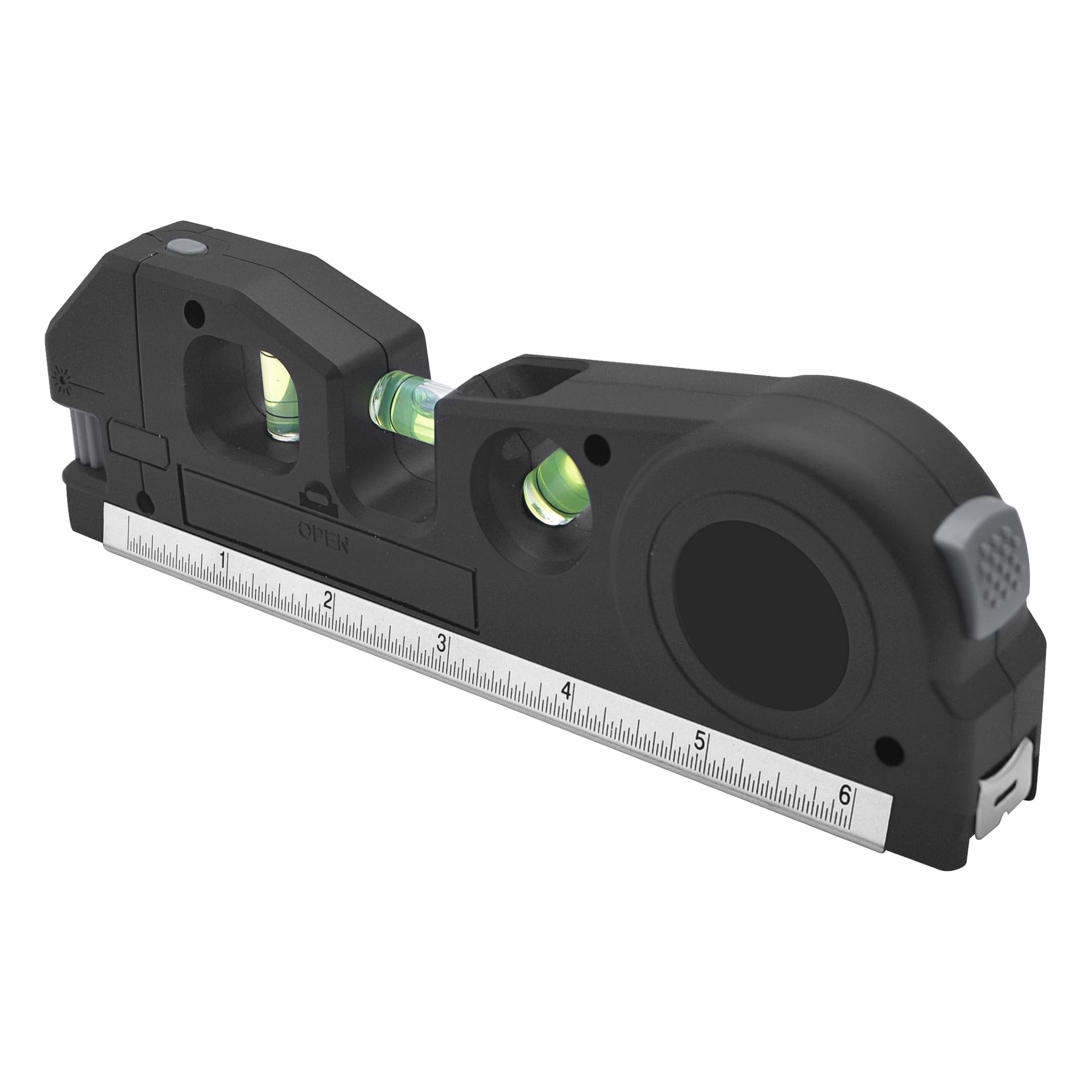 Black Meec Tools 3-in-1-Werkzeug mit Wasserpass, kleinem Maßband und 6-Zoll-Lineal; verfügt über Öffnungen und einen Knopf.